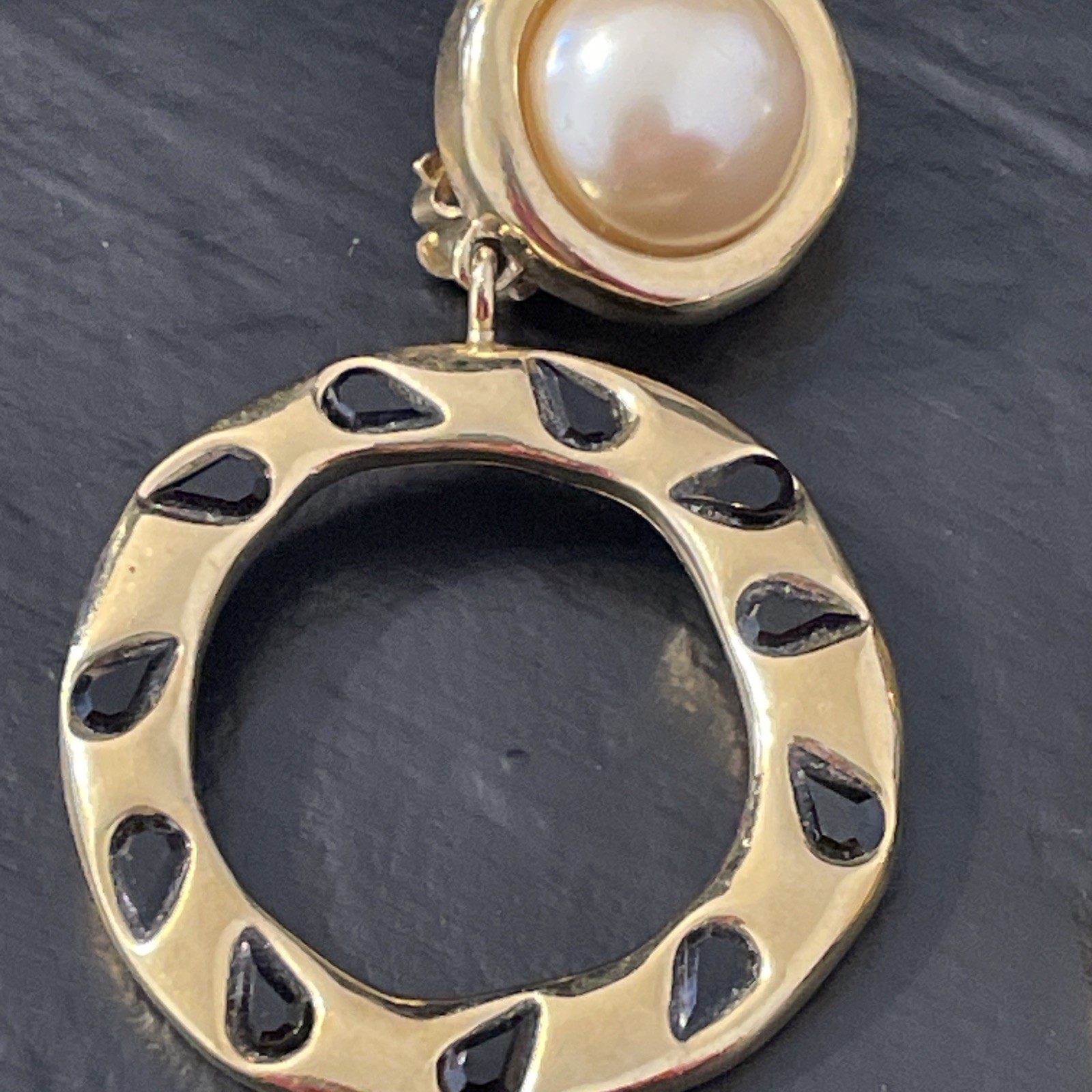 Givenchy Vintage Hoops Earrings Gold Pearl Drop Dangle Black ‘Onyx” Clip Ons