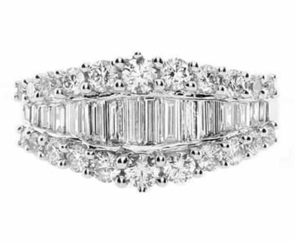 1.53CT DIAMOND 18KT WHITE GOLD ROUND & BAGUETTE 3 ROW WEDDING ANNIVERSARY RING
