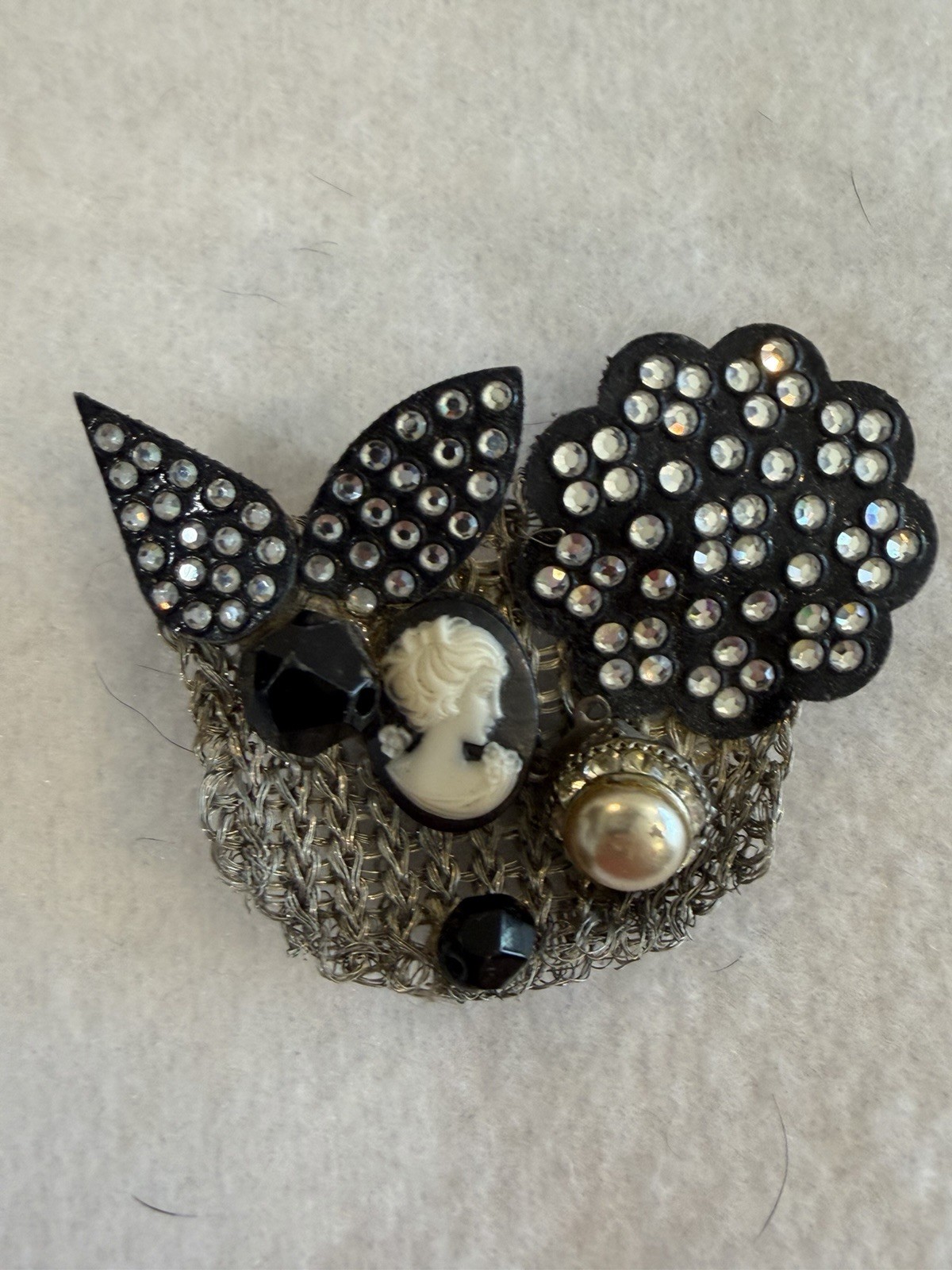 Handmade Vintage Brooch Rhinestone Leather and Metal Paris