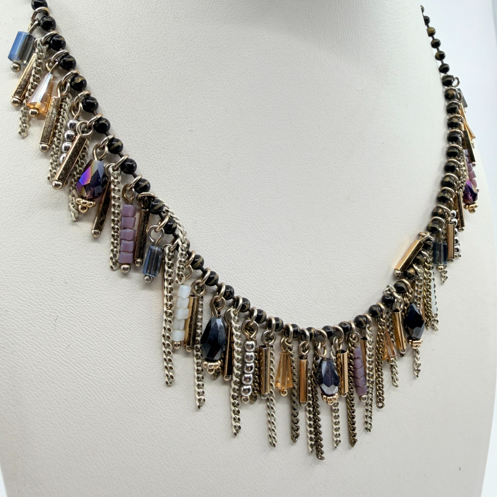 Vintage Boho Multi Strand Fringe Statement Necklace Beaded Chain Bib Mixed Metal