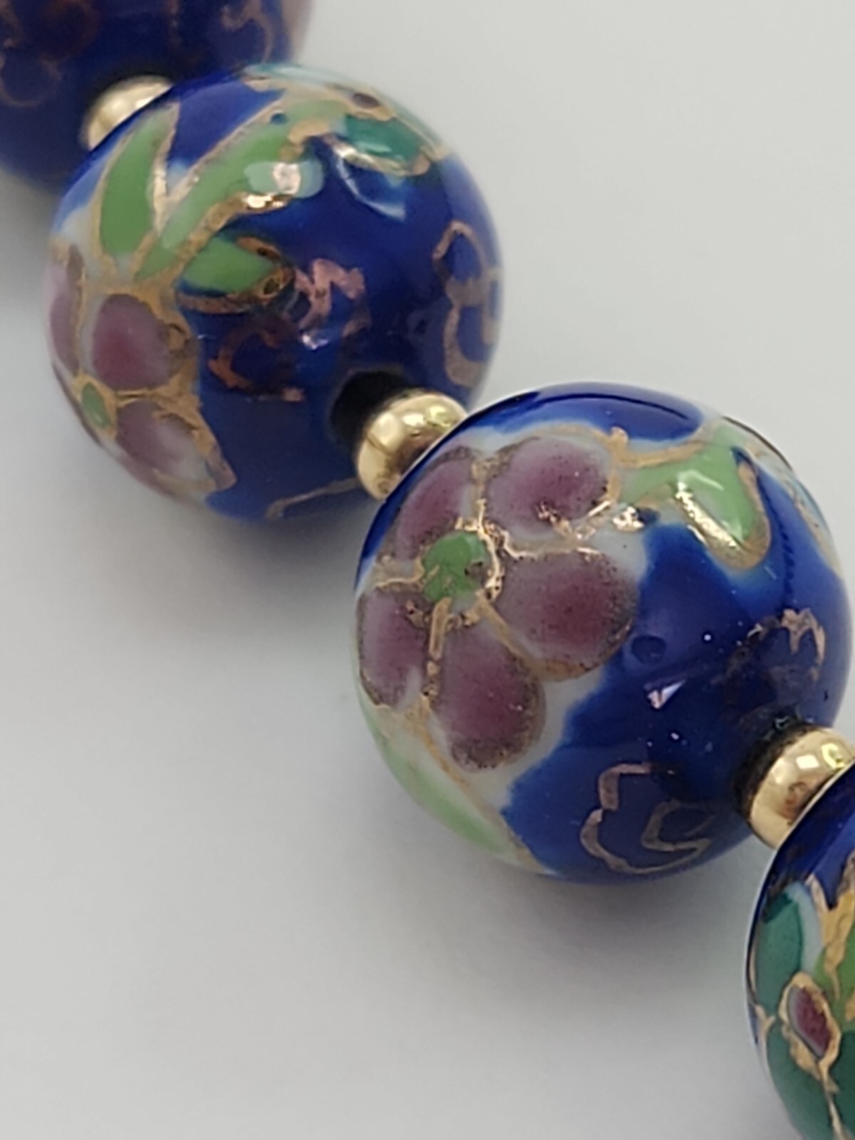 Vintage Japanese Cloisonne Bead Floral Necklace, Blue Pink and Green 22 Inches