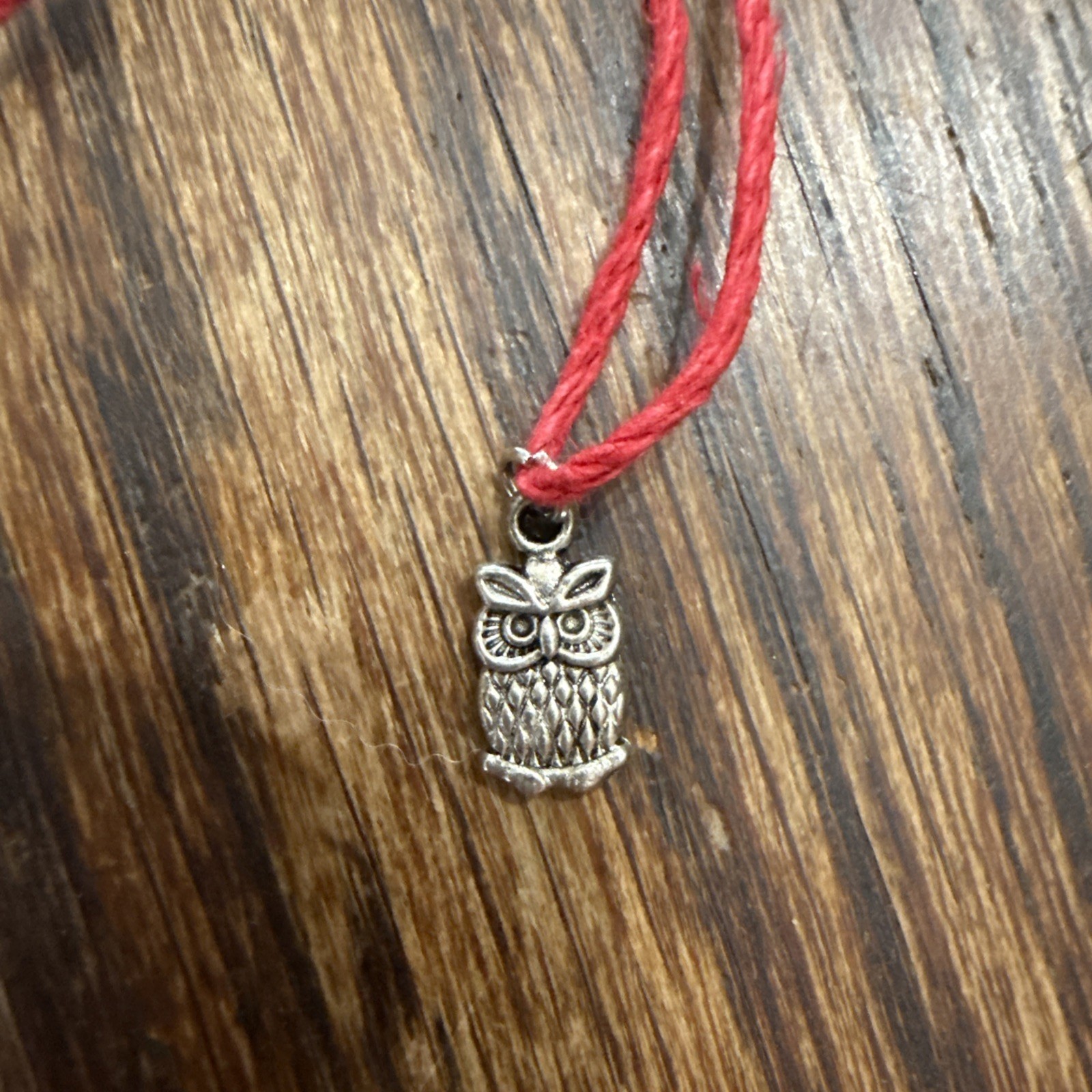 tiny OWL CHARM Dainty Necklace Hemp Cord Boho Festival Tibetan Silver Tone GIFT