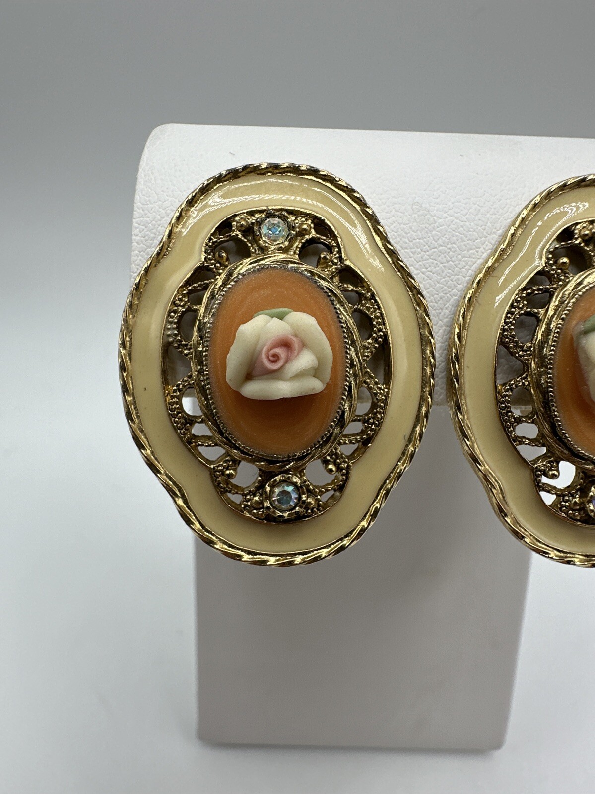Vintage 1928 Gold Tone Orange & Cream Enamel AB Crystal Clip On Rose Earrings