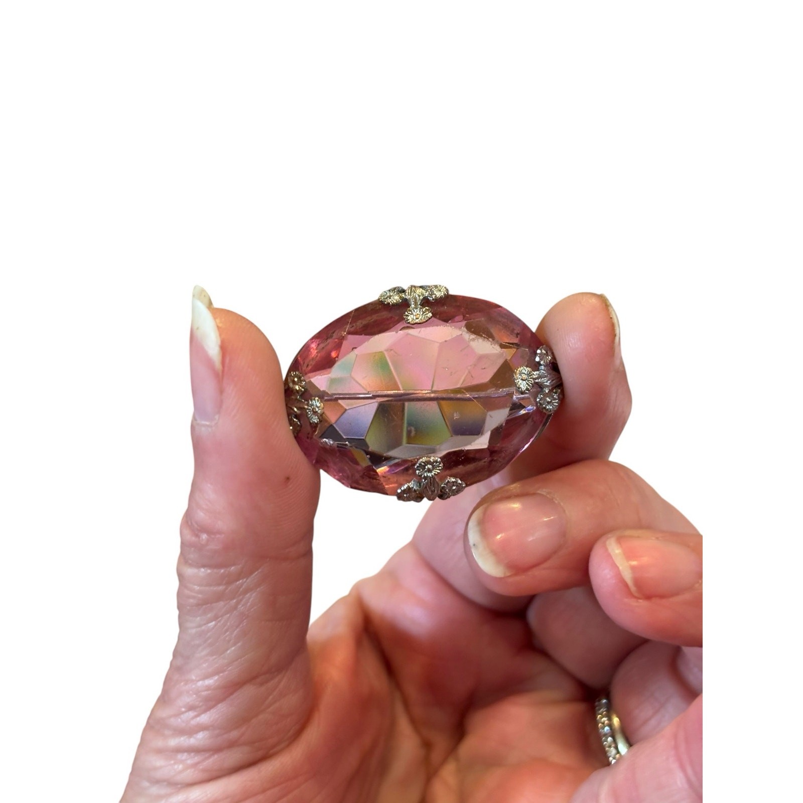 Vintage Pink Art Glass Brooch Faceted Crystal Cabochon Silver Tone Pin