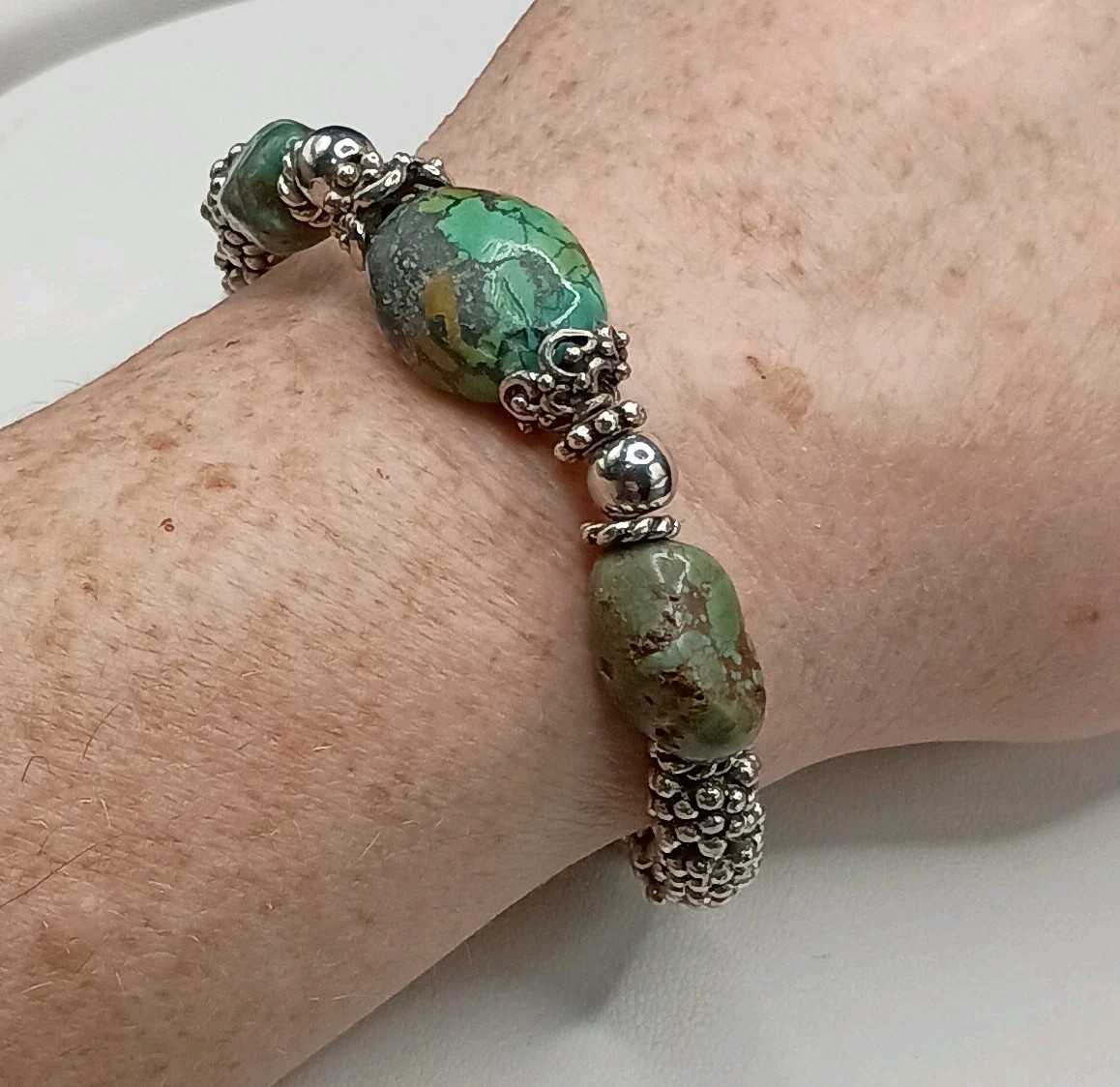 Vintage Green Turquoise Nugget Silver Bracelet Sz 7.75 Untested Popcorn Bead 40g
