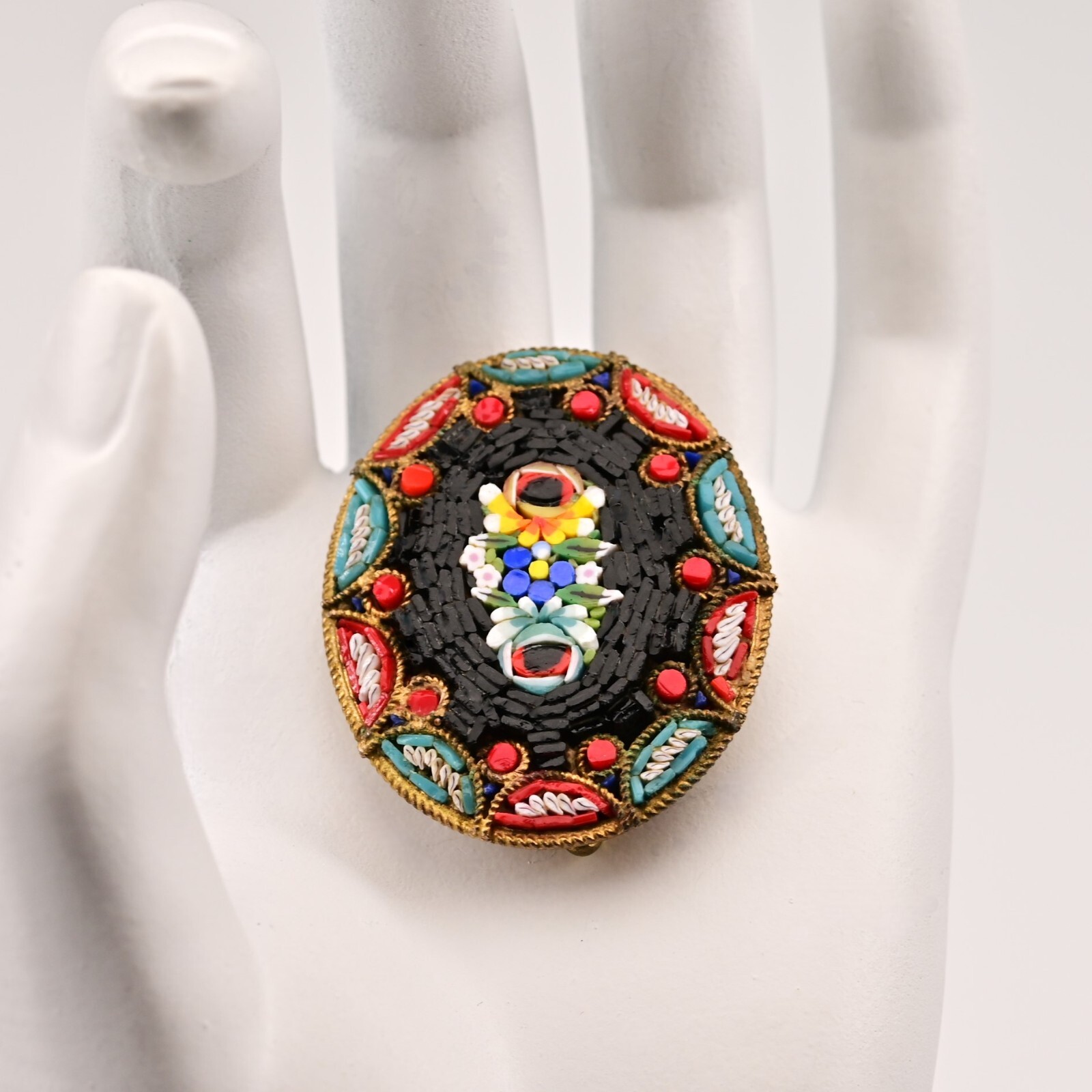 Antique Original Vintage Murano Glass Micro Mosaic Venetian Estate Brooch Pin