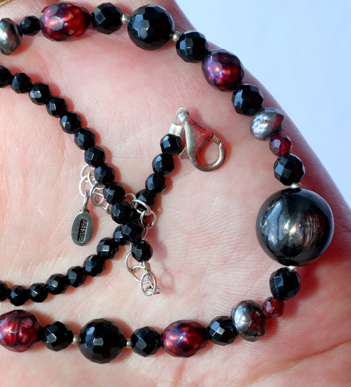 BARSE Sterling Necklace Black Dark Red Gray Beads Balls .925 Silver THAI 19″