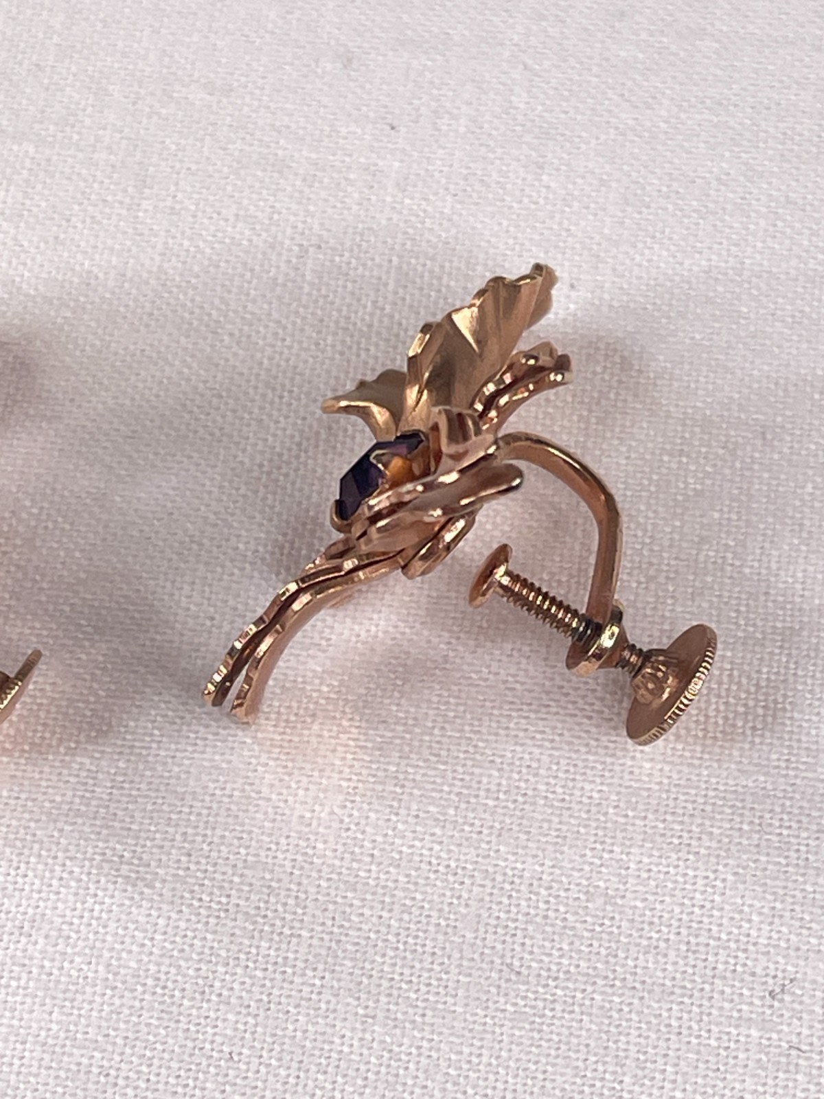 VTG Signed BN Orchid Flower Purple Crystal Rose Goldtone Screw Back Earrings