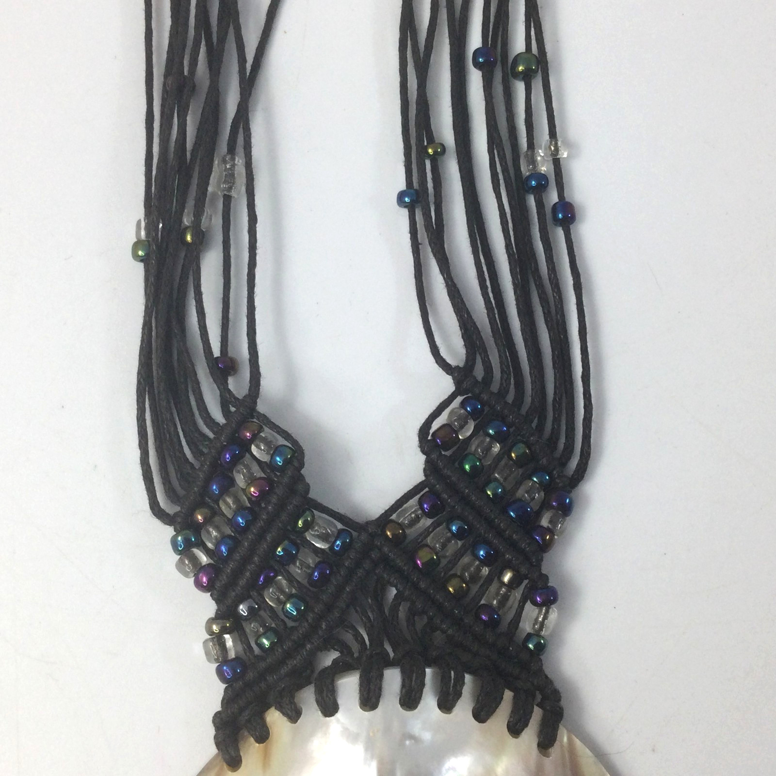 Vintage Woven Wax Tread and Shell Pendant Necklace Black Blue Silver Beaded 18″