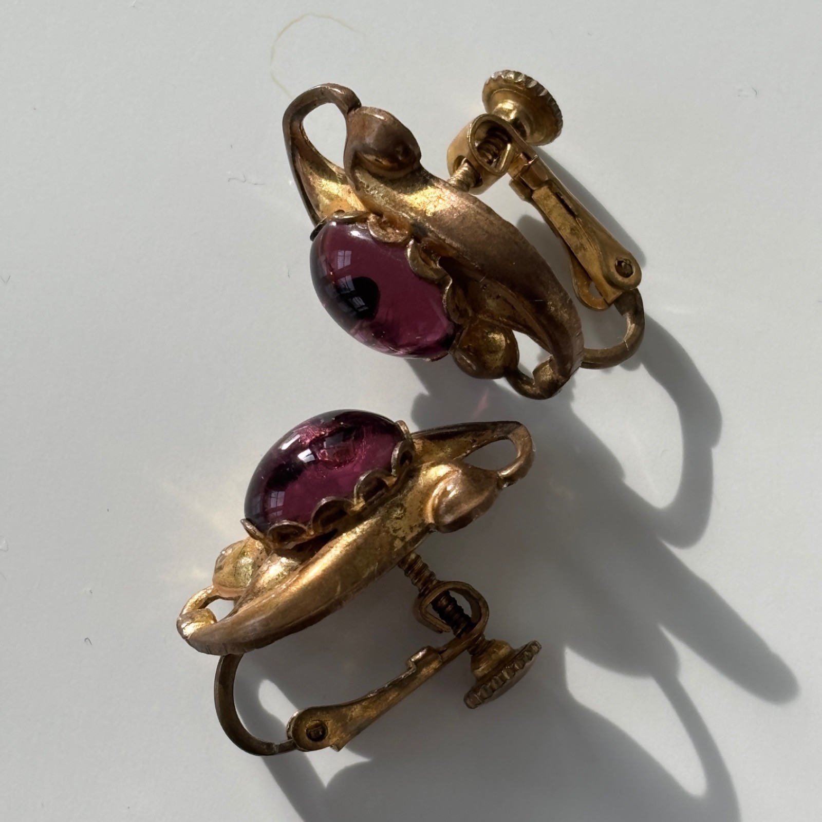 Vintage Miriam Haskell Earrings Signed Purple Pink Gripoix Glass Cabochon
