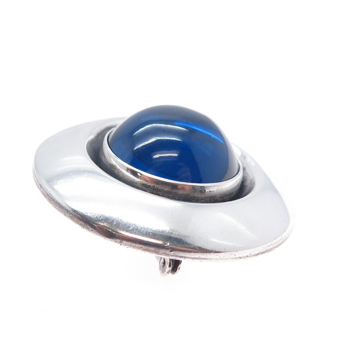 N.E. FROM 925 Sterling Silver Vintage Denmark Blue Glass Modernist Pin Brooch