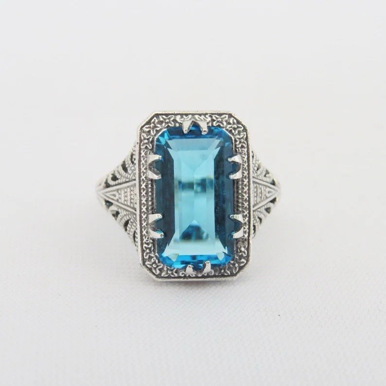 Art Deco Aquamarine Ring Vintage Filigree Aqua Emerald Cut Statement Jewelry