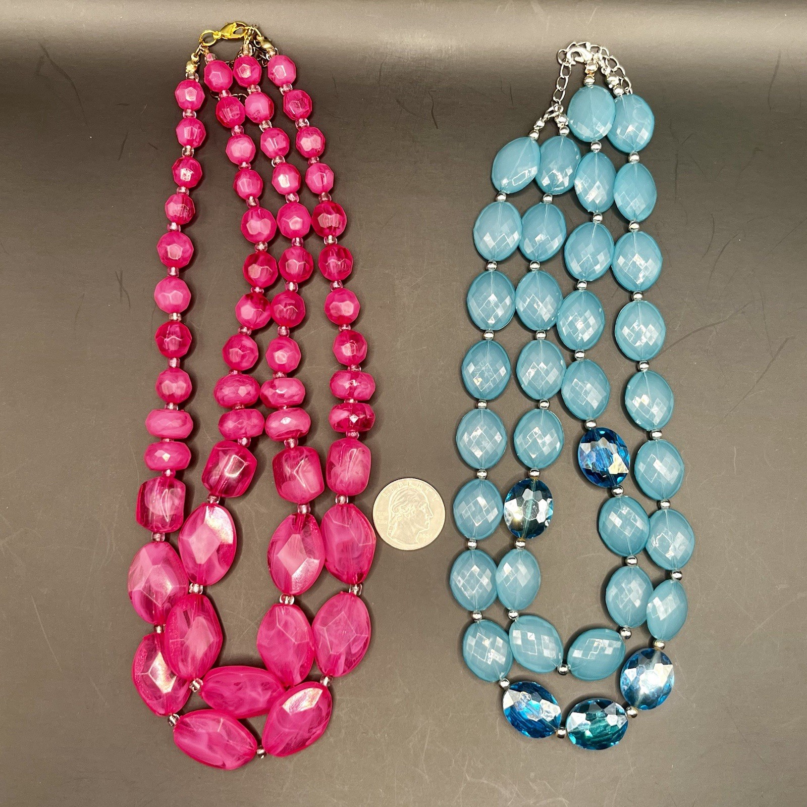 Set Of 2 Necklaces: Sky Blue & Hot Pink Beaded Faceted Chunky Statement Pieces