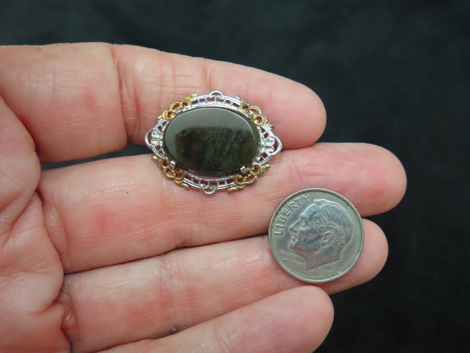 Sterling w/Gold Wash 1930’s Moss Agate Brooch Heirloom Quality