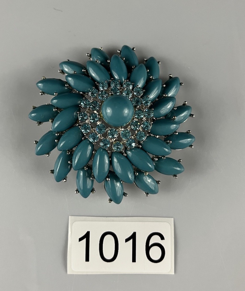 Large Retro Teal Blue Faux Turquoise Flower Brooch Tiered Silver Tone Sunburst