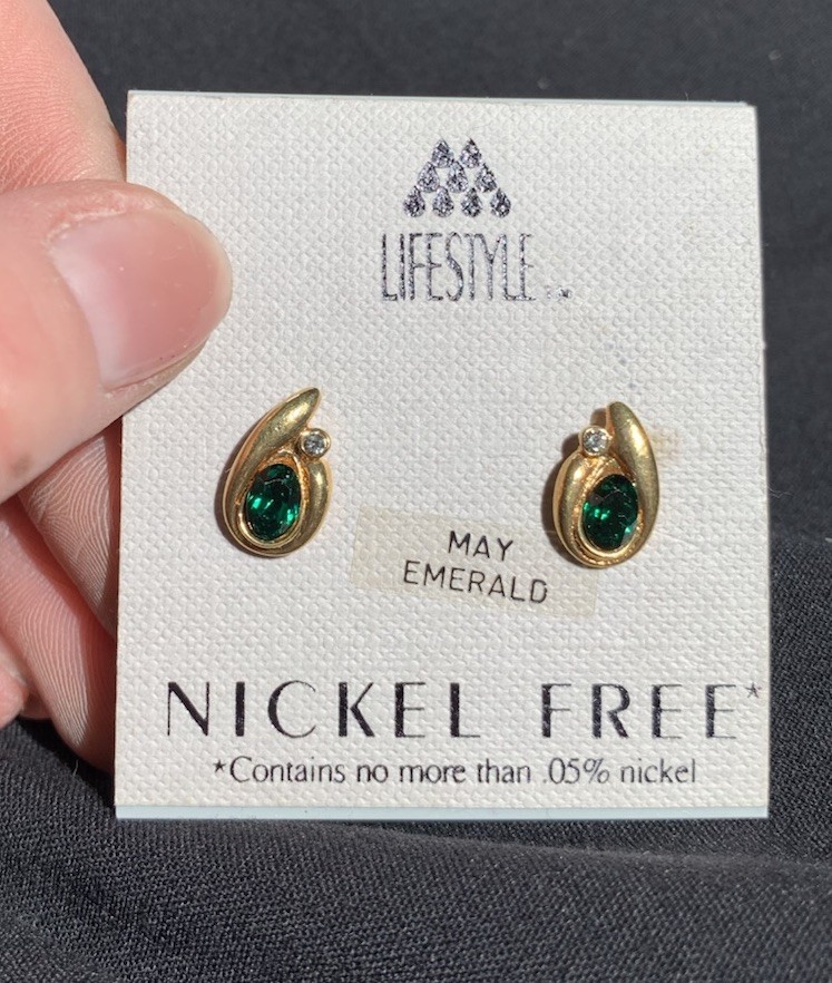 Vintage Gold Tone Emerald Rhinestone Pierced Earrings May Birthstone Elegant