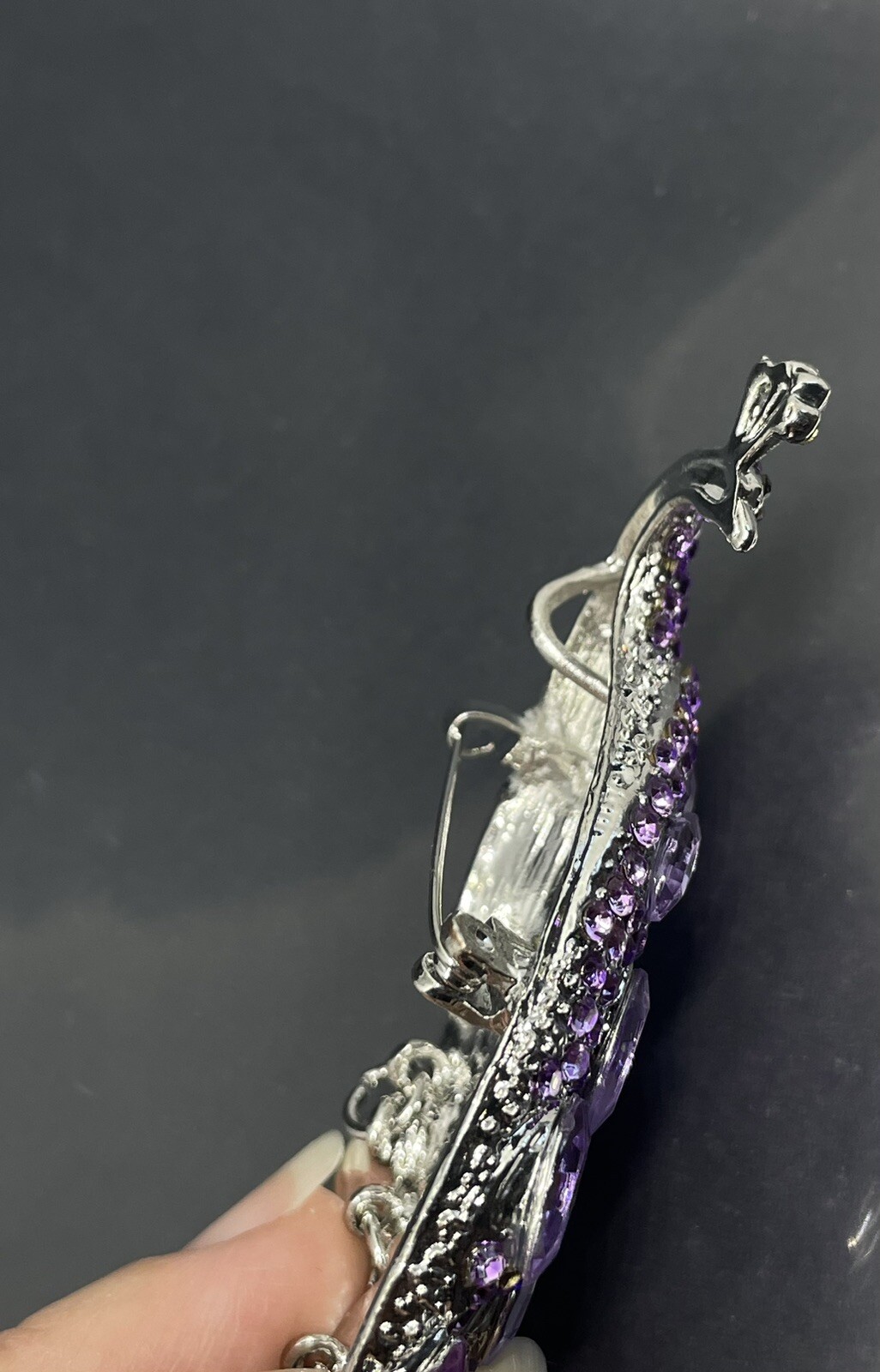 Vintage Peacock SilverTone Purple Rhinestones Crystals 5.5” Pendant Pin Brooch