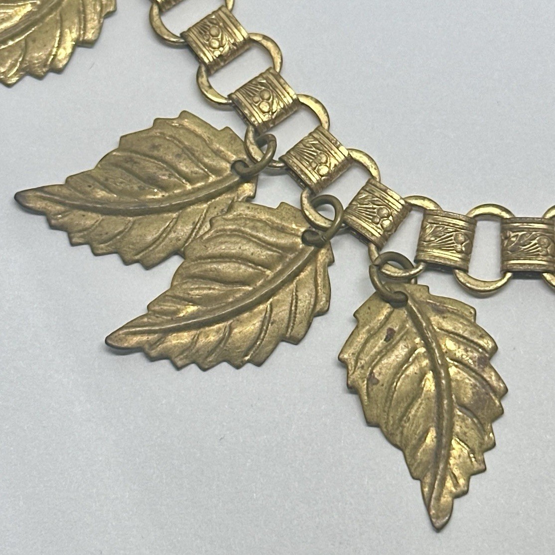 Vintage Victorian Brass Leaf Charm Necklace and Bracelet Set Sliding Hook Clasp