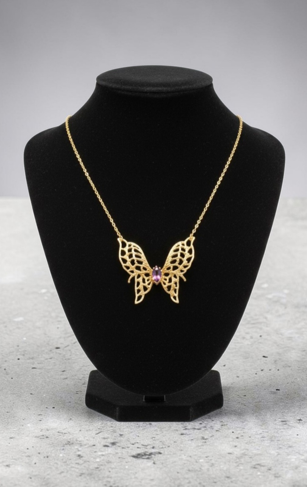 14KGE Lindenwold Gold Electroplated Marquise Purple Amethyst Butterfly Necklace