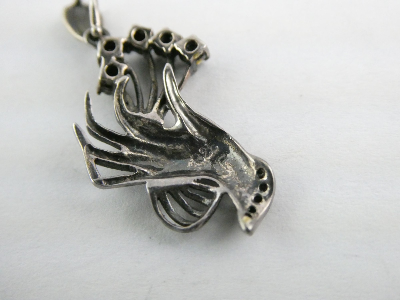Marsala CW Sterling Silver Hand Holding Black Onyx Flowers Marcasite Pendant 2g