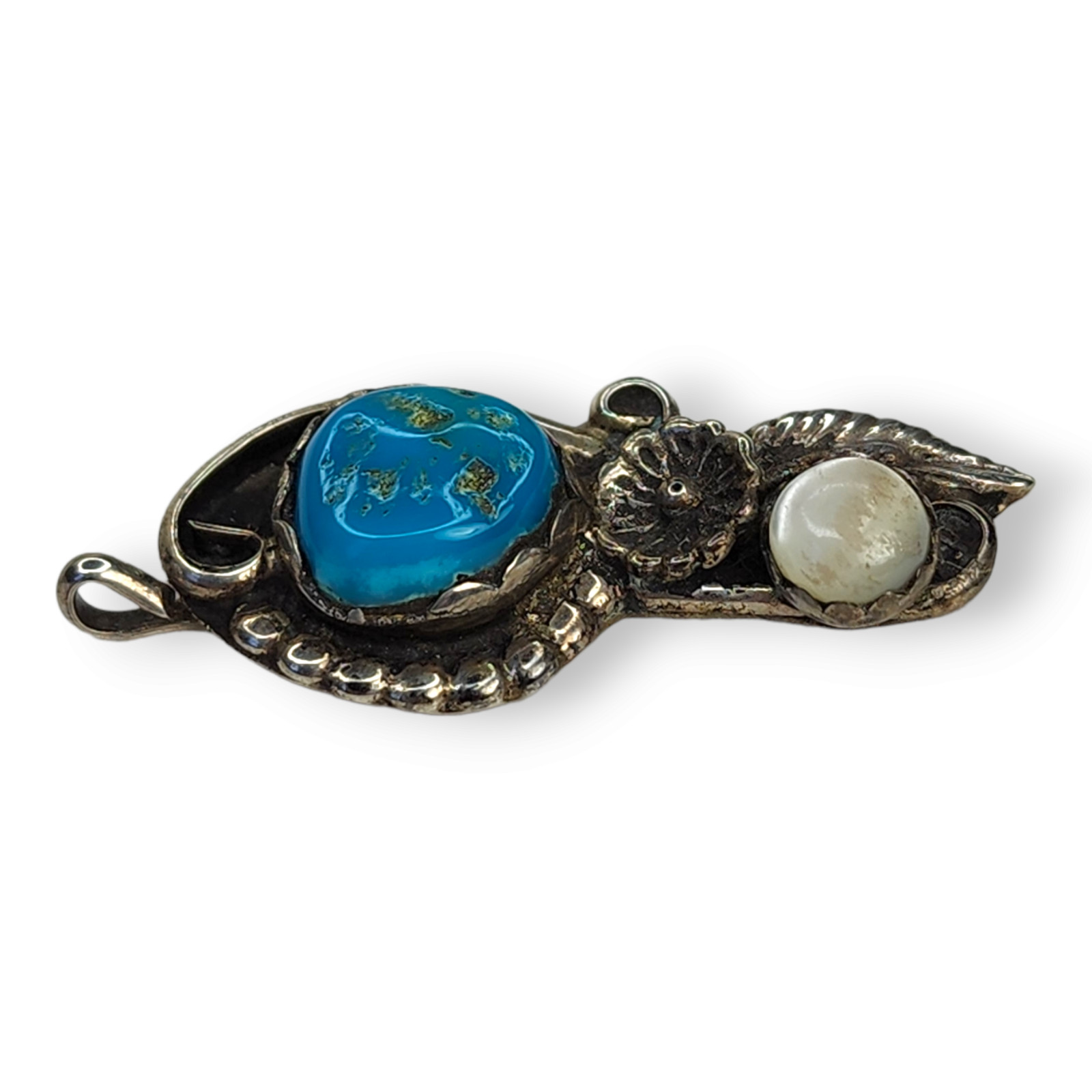 Vintage Sterling Silver 925 Sisteks Turquoise and Mother of Pearl Pendant