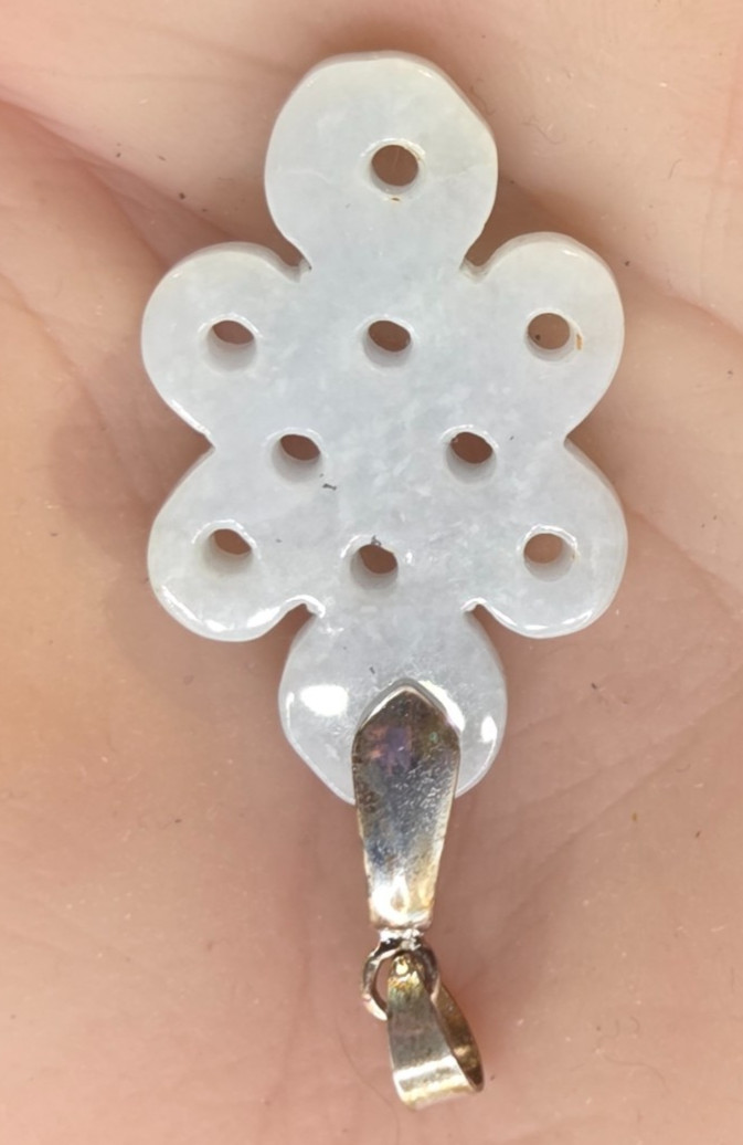 Vintage Asian Natural White Jade Casved Silver Pendant