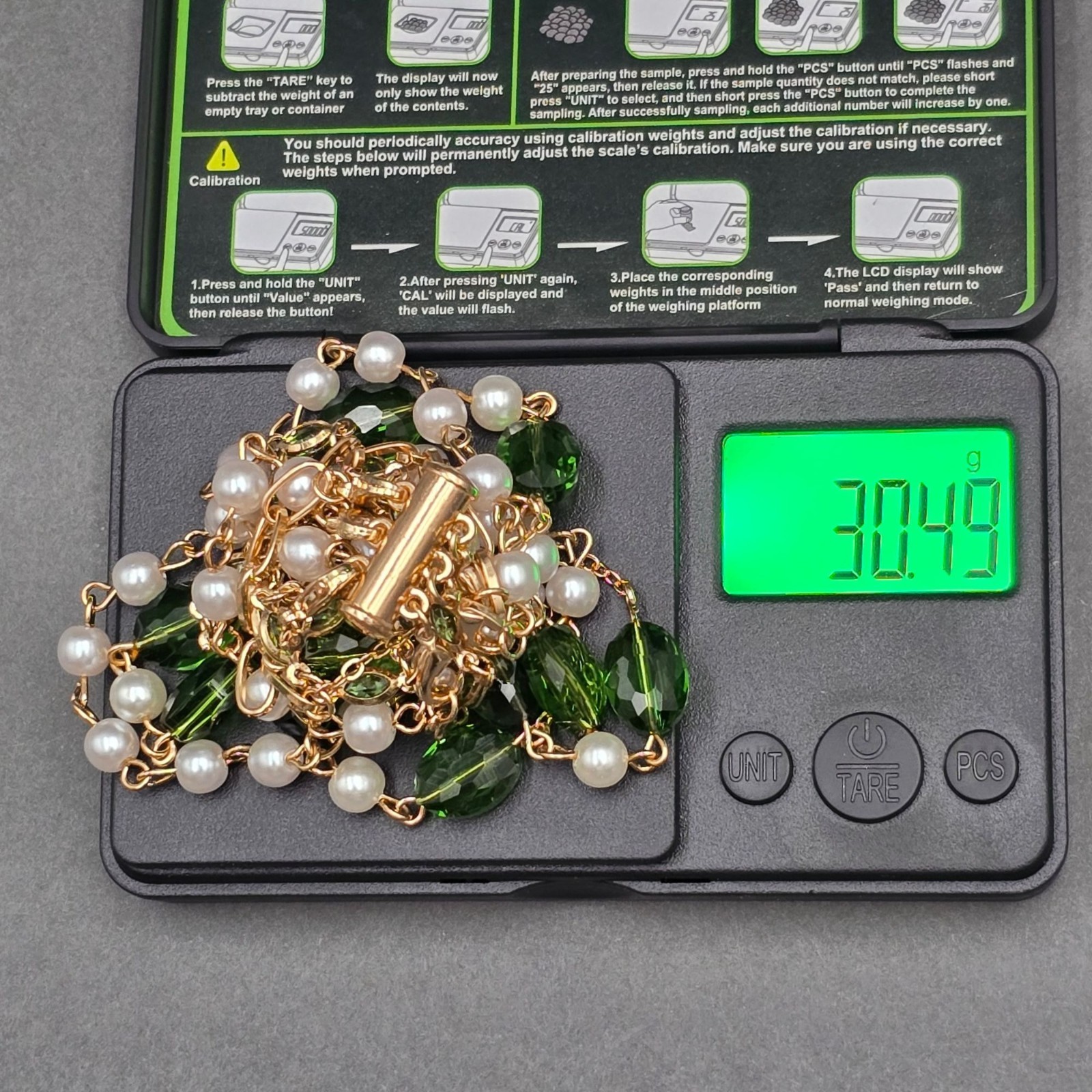 Vintage Multi Strand Green Glass Faux Pearl Layered Necklace 16″ 3 Layered Tier