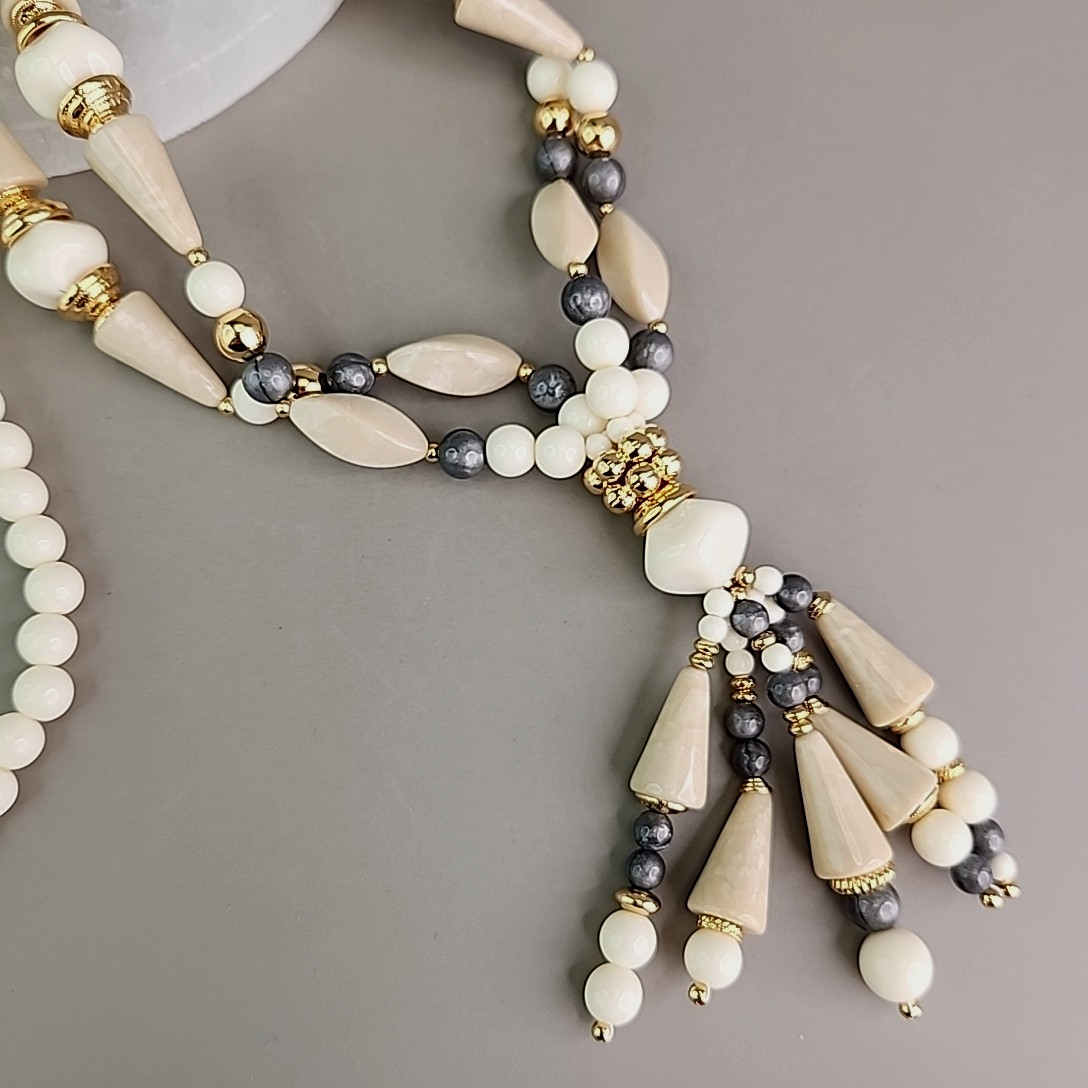 Vintage Trifari Beaded Necklace Acrylic Cream Gray Accents Layered 29″