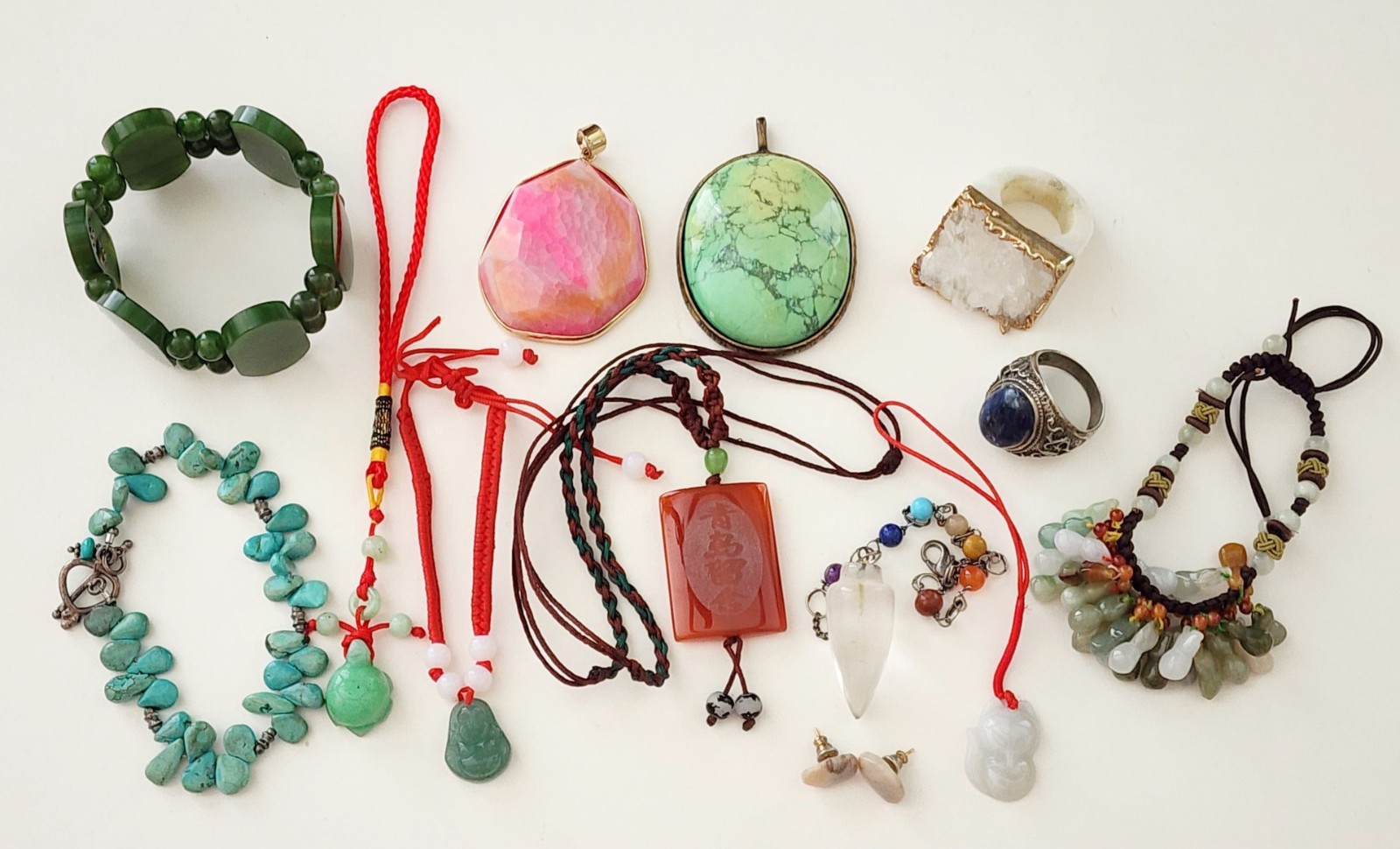Vintage Gemstone Pendant Necklace Earrings Bracelet Ring Asian Style Lot of 13