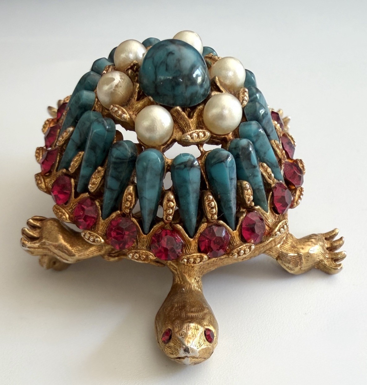 HAR Turtle Brooch Pin Rare Mid Century Turquoise Tiered Rhinestone Statement!!