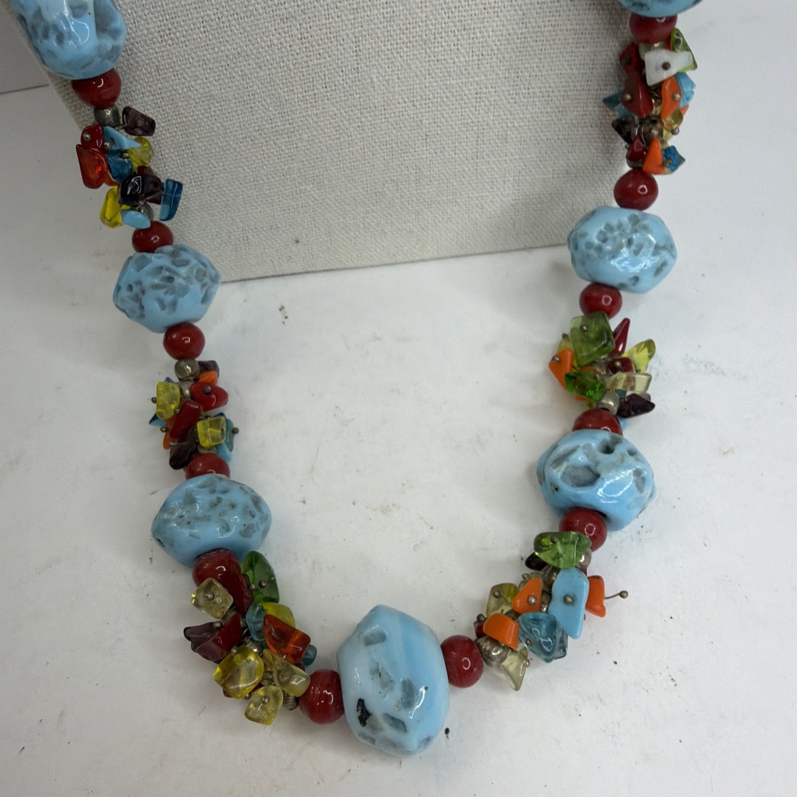 Handmade Multicolored Beaded Statement Necklace Chunky 32”