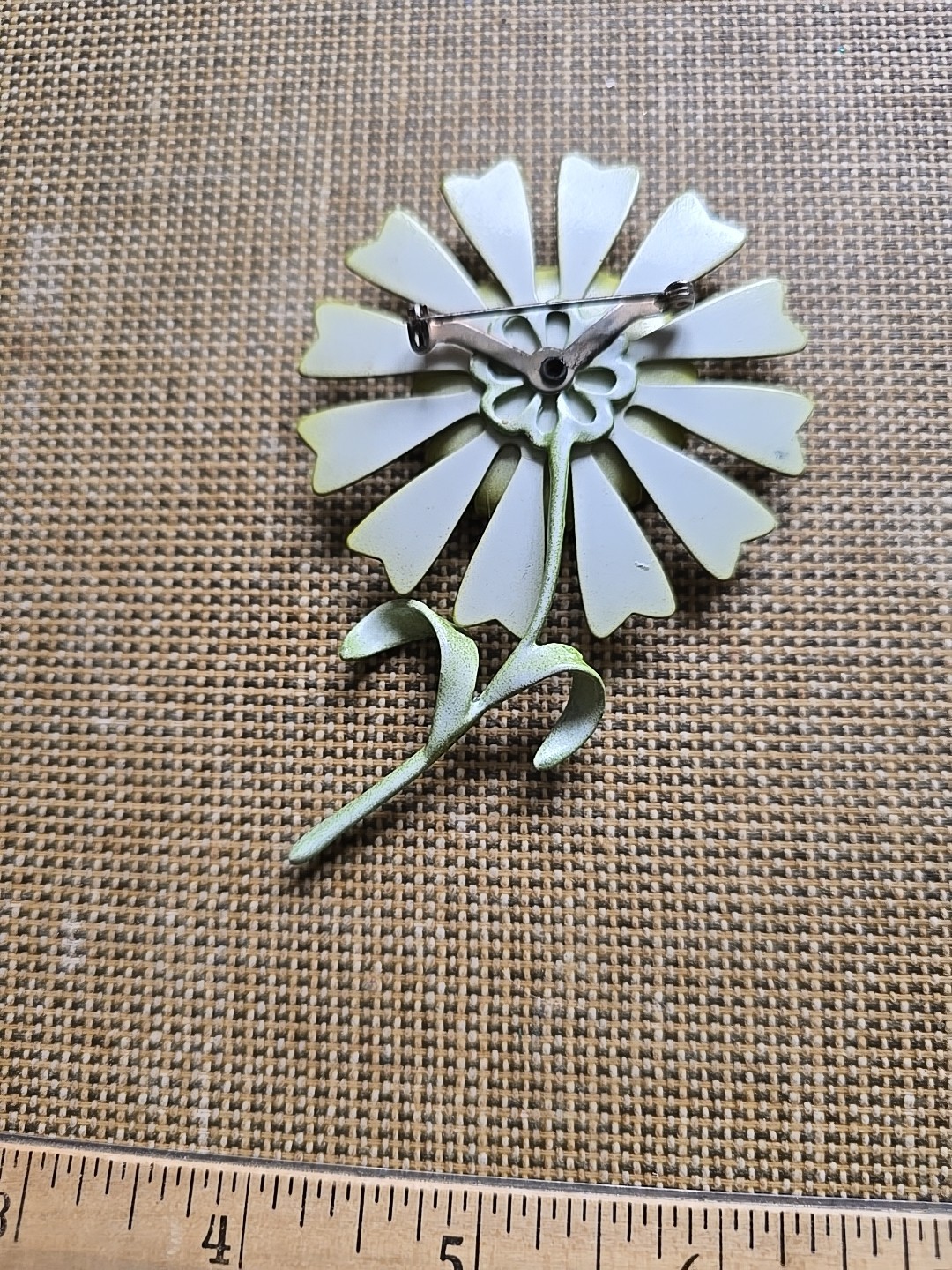 Vintage Enamel Two Tone Green Daisy Flower Brooch Large Groovy Retro Floral