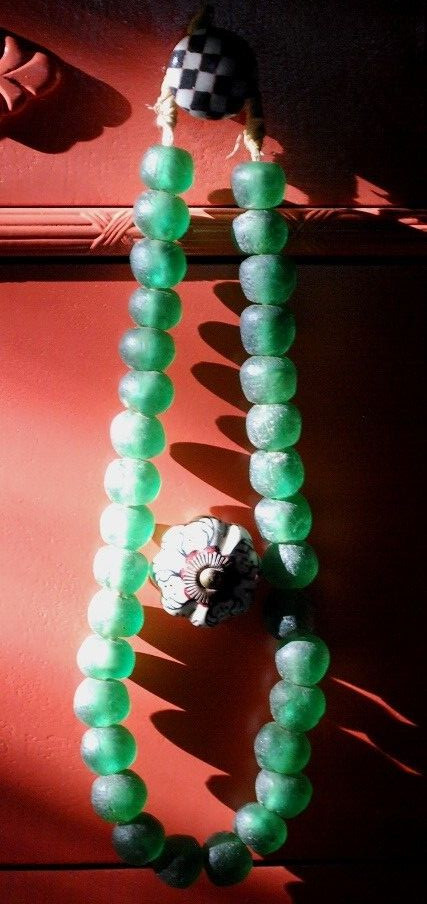 HUGE Recycled SEA GLASS STATEMENT NECKLACE Matte Green 23mm AFRICAN TRADE BEADS