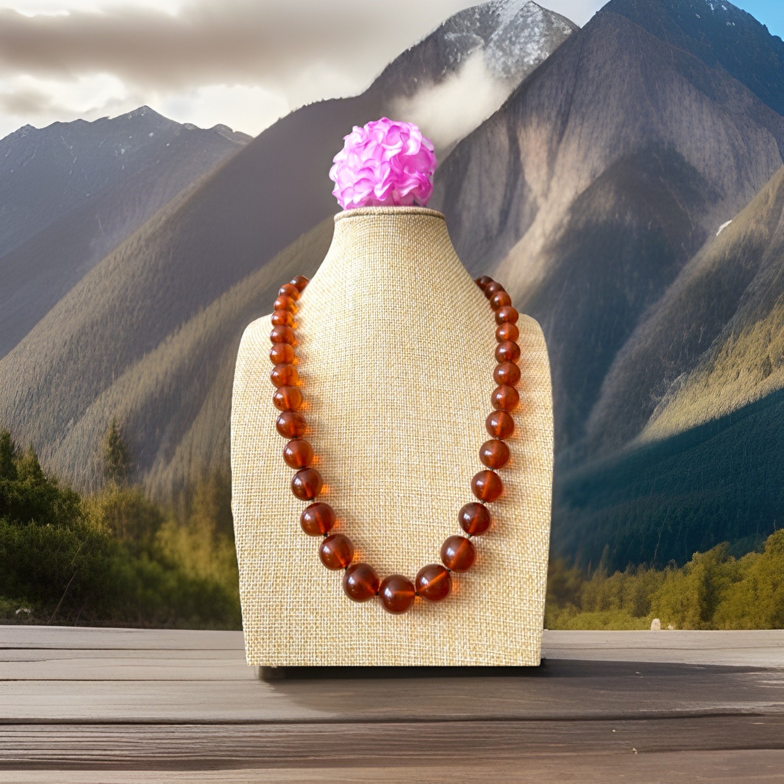 Vintage,Graduated & Knotted Cognac Color Baltic Amber Necklace 24”inch & 64grams