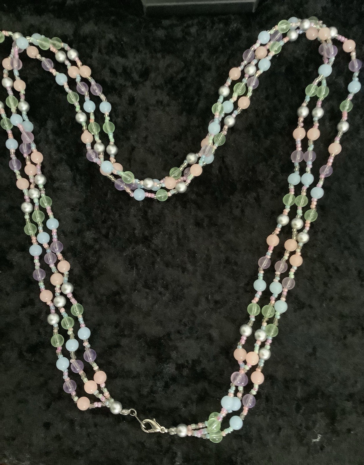 3 Strand Beaded Necklace Light Blue,Pink,Green,Purple And Silver Beads