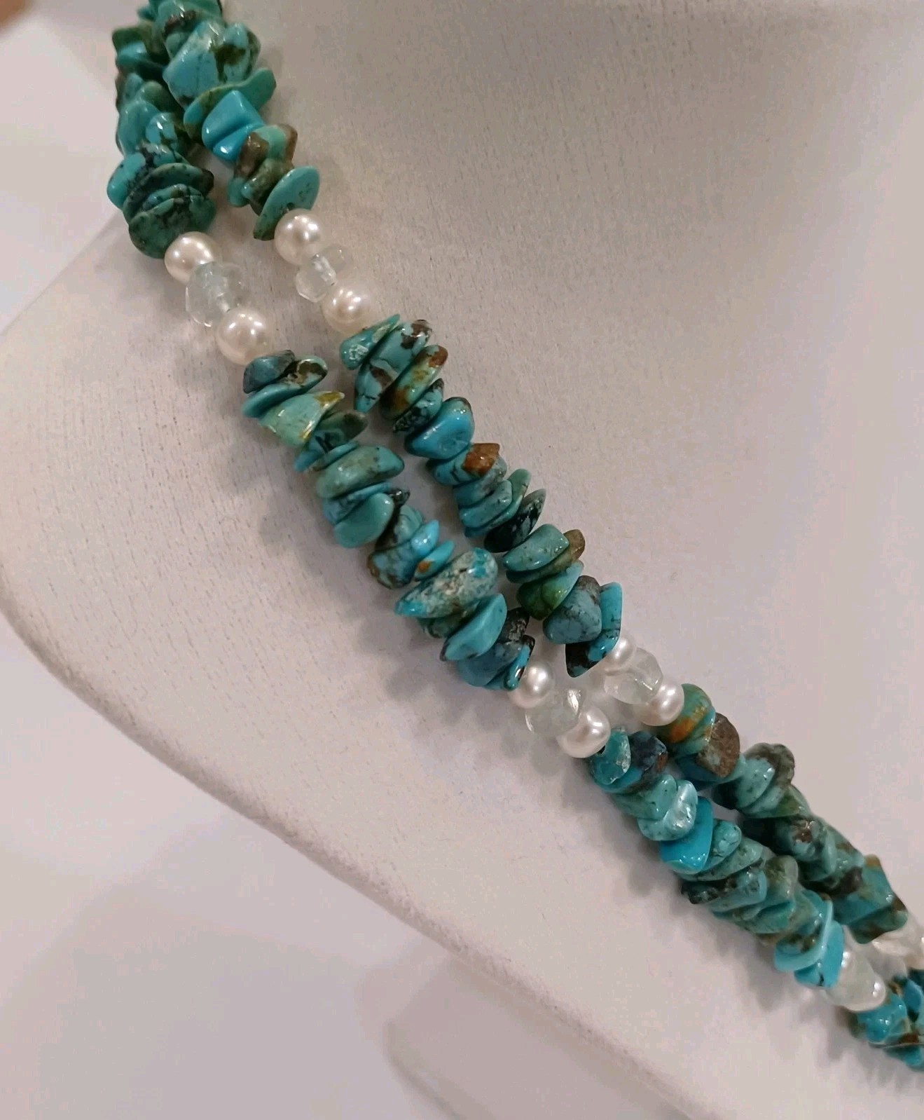 Vintage Double Strand Real Chip Turquoise And Pearl Necklace 925 Sterling 18″