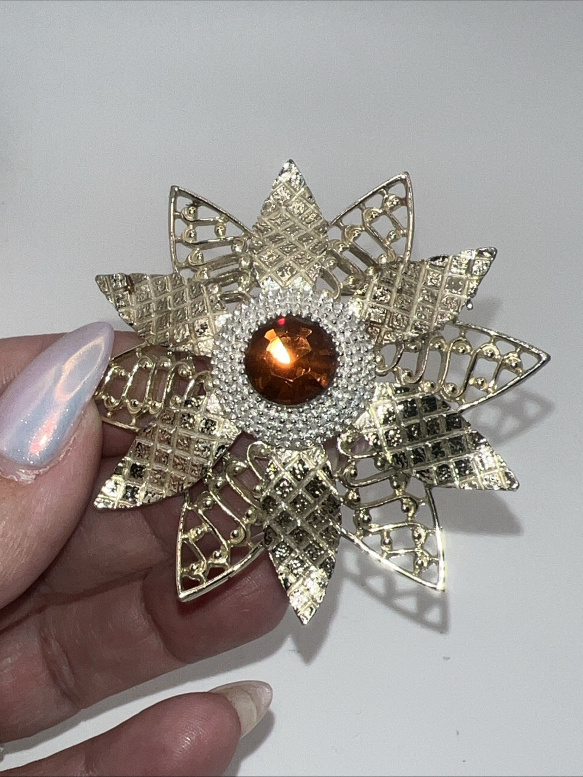 Vintage CATHE Brooch 2 3/4 In Wide Silver & Gold Rhinestone Amber-Hard to Find