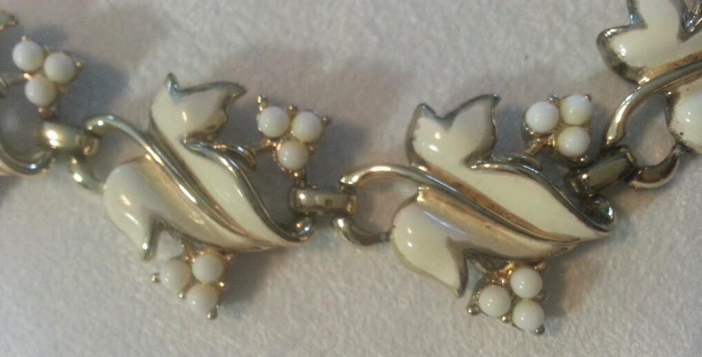 Coro silver tone with white leaves enamel necklace and earring set