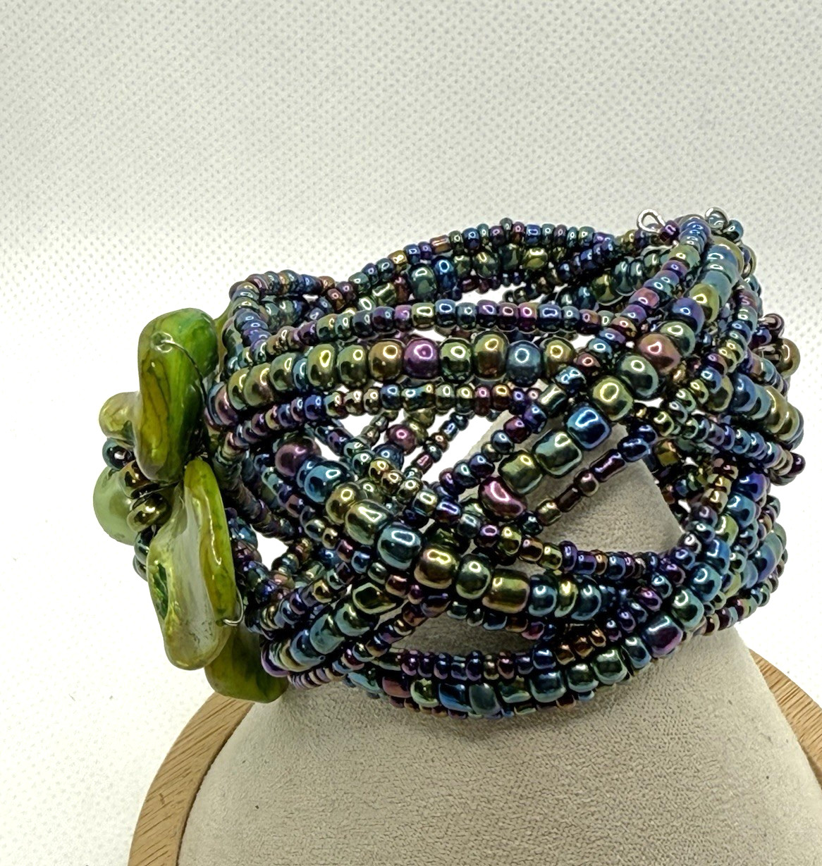 Vintage MOP Shell Flower Cuff Bracelet Iridescent Seed Bead Multi Strand Boho