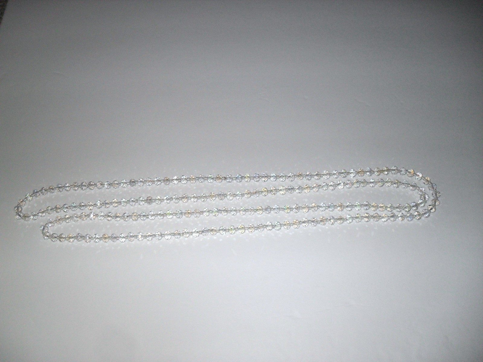 Vtg Faceted Bead Crystal Clear Aurora Borealis Long 61″ Necklace Flapper Opera
