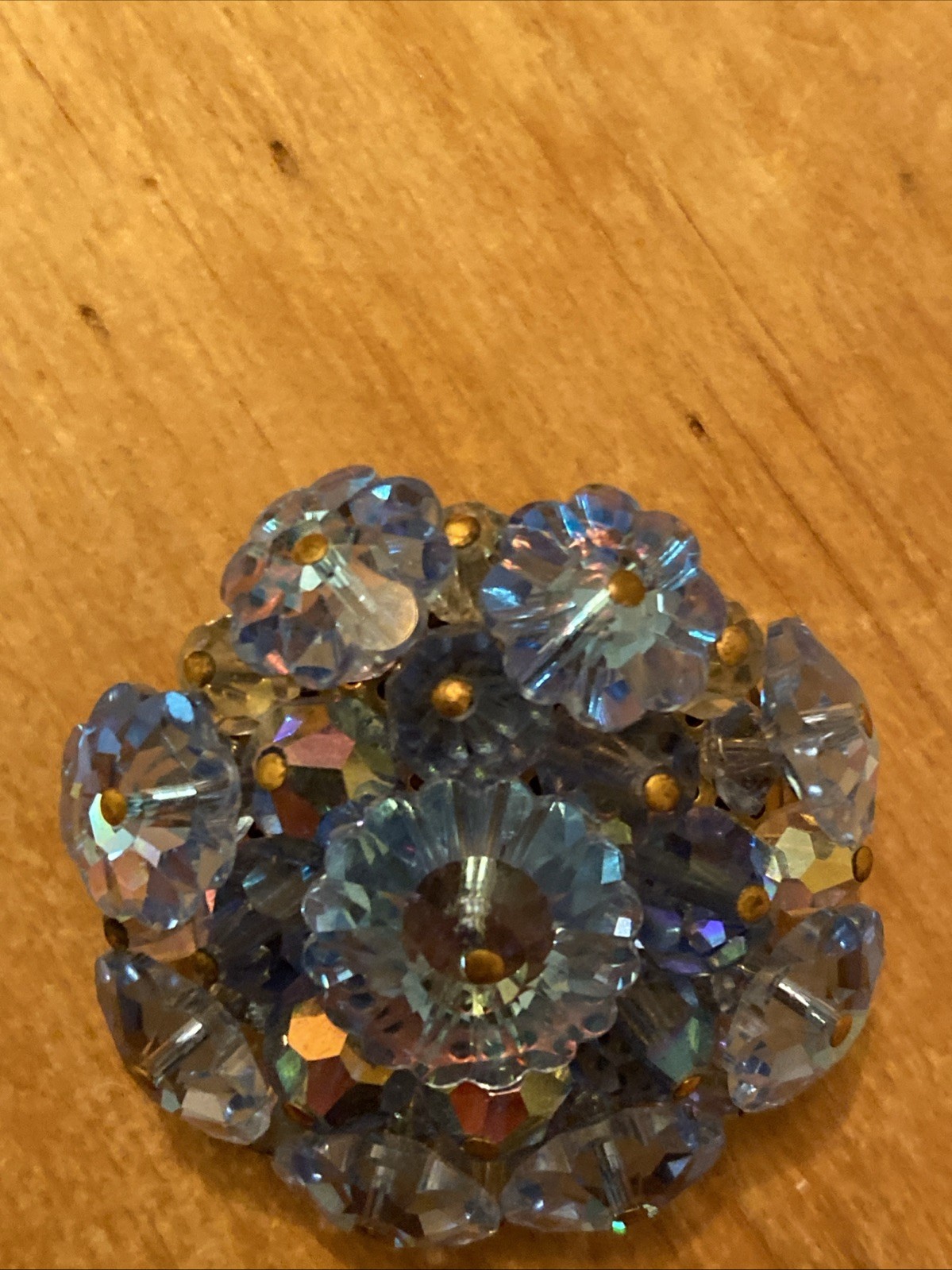 Vintage BLUE AB Aurora Borealis Cluster Crystal Beads Brooch Pin 1 7/8″ D #A1