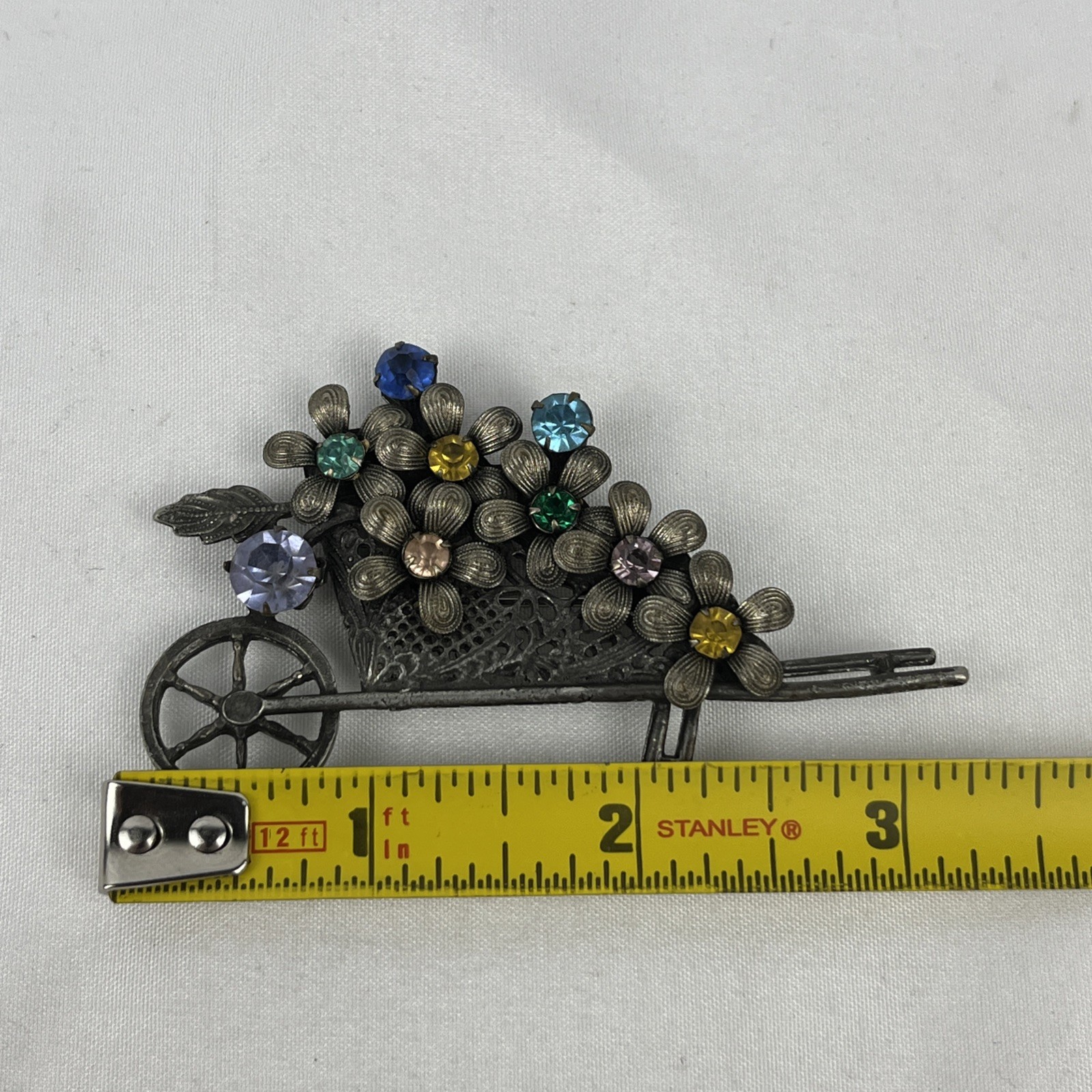 Vintage Wheelbarrow Pin Brooch Rhinestone Flowers Brass Filigree Garden Cart