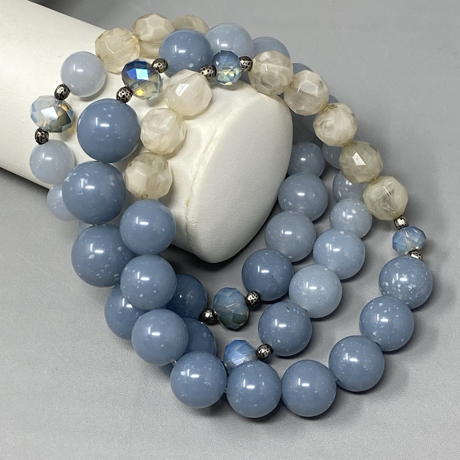 Blue Faux Stone Beaded Bracelets Set of 3 Acrylic Cream Stretch Glass Spacer 7″