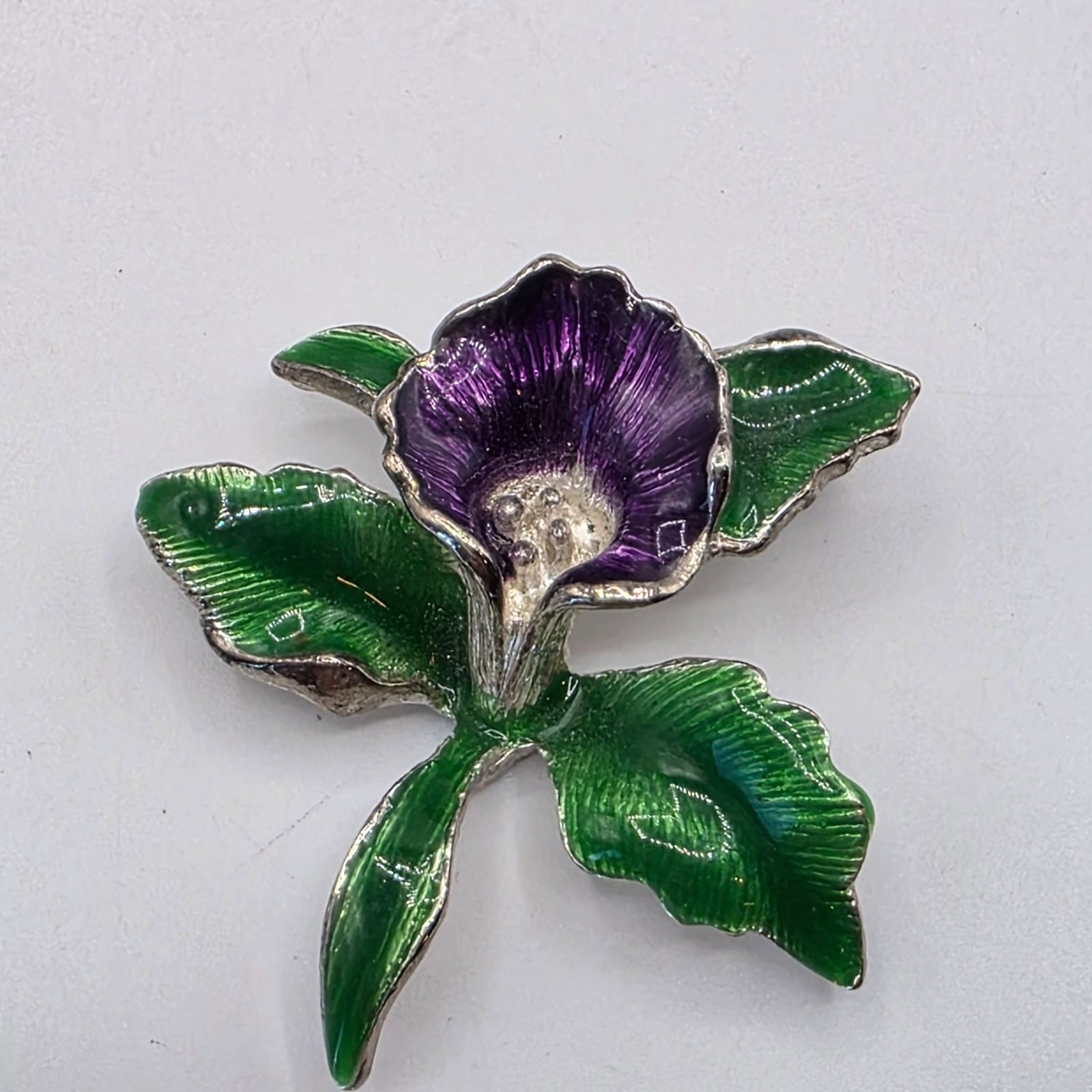 Vintage Enamel Orchid Brooch Silver Tone Floral Pin Purple Green Rhinestone
