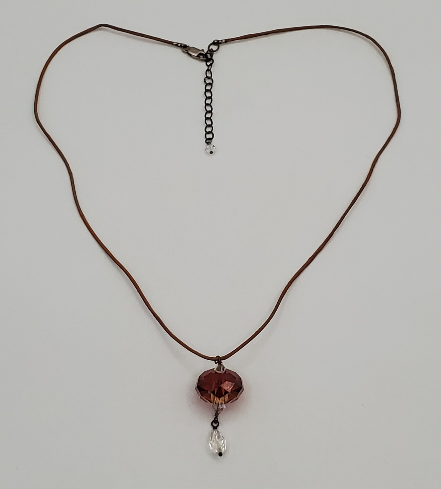 VTG 925 Faceted Amber Tone Crystal Necklace 18in Sterling Clasp Raw Leather Cord
