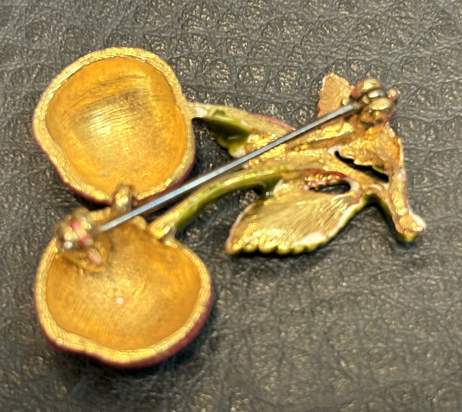 Vintage Enamel Red Green Cherry Brooch Gold Tone Pin