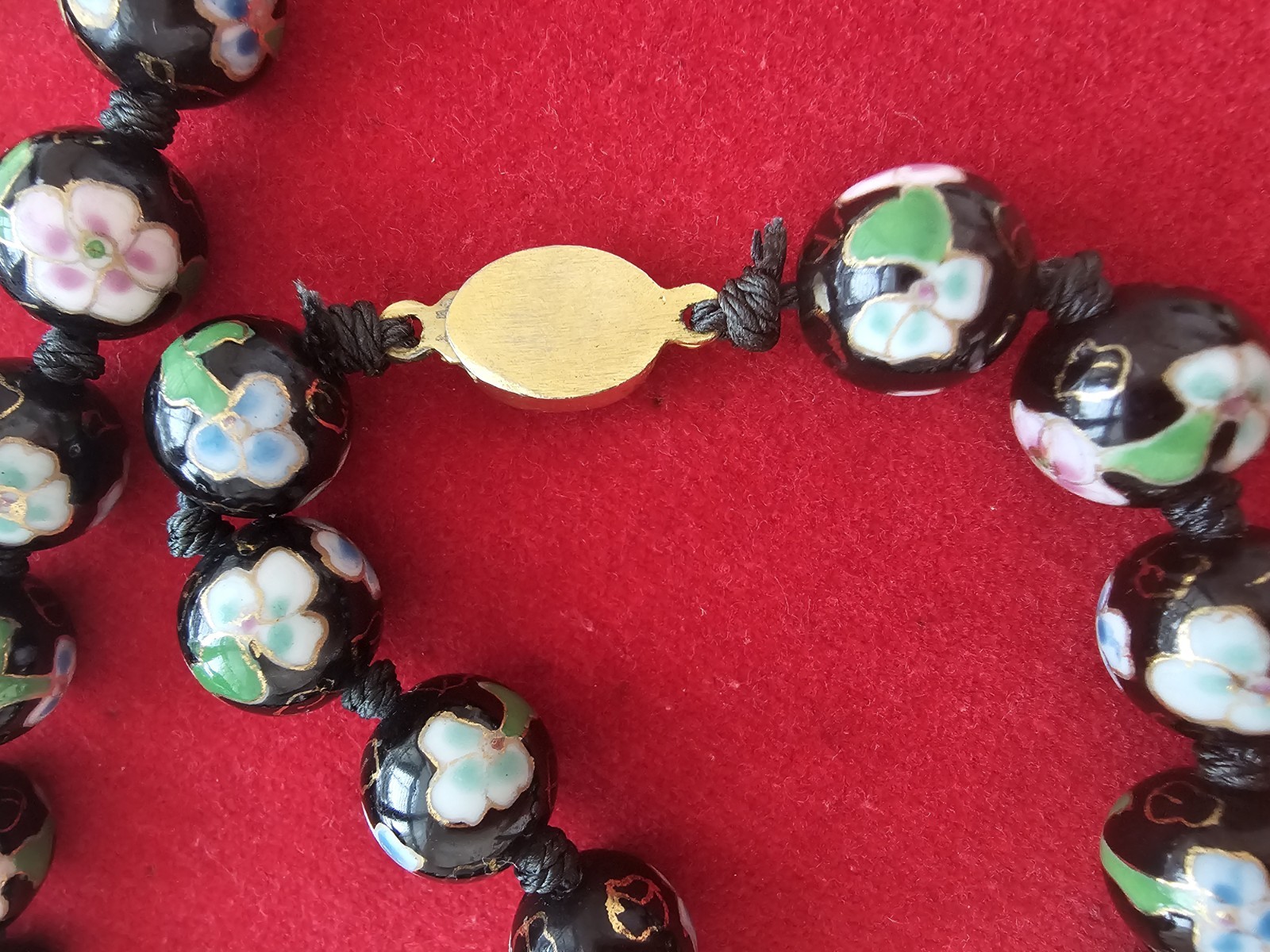 Vintage Cloisonne Bead Necklace Hand Knotted Glass Floral Flower Multi Color