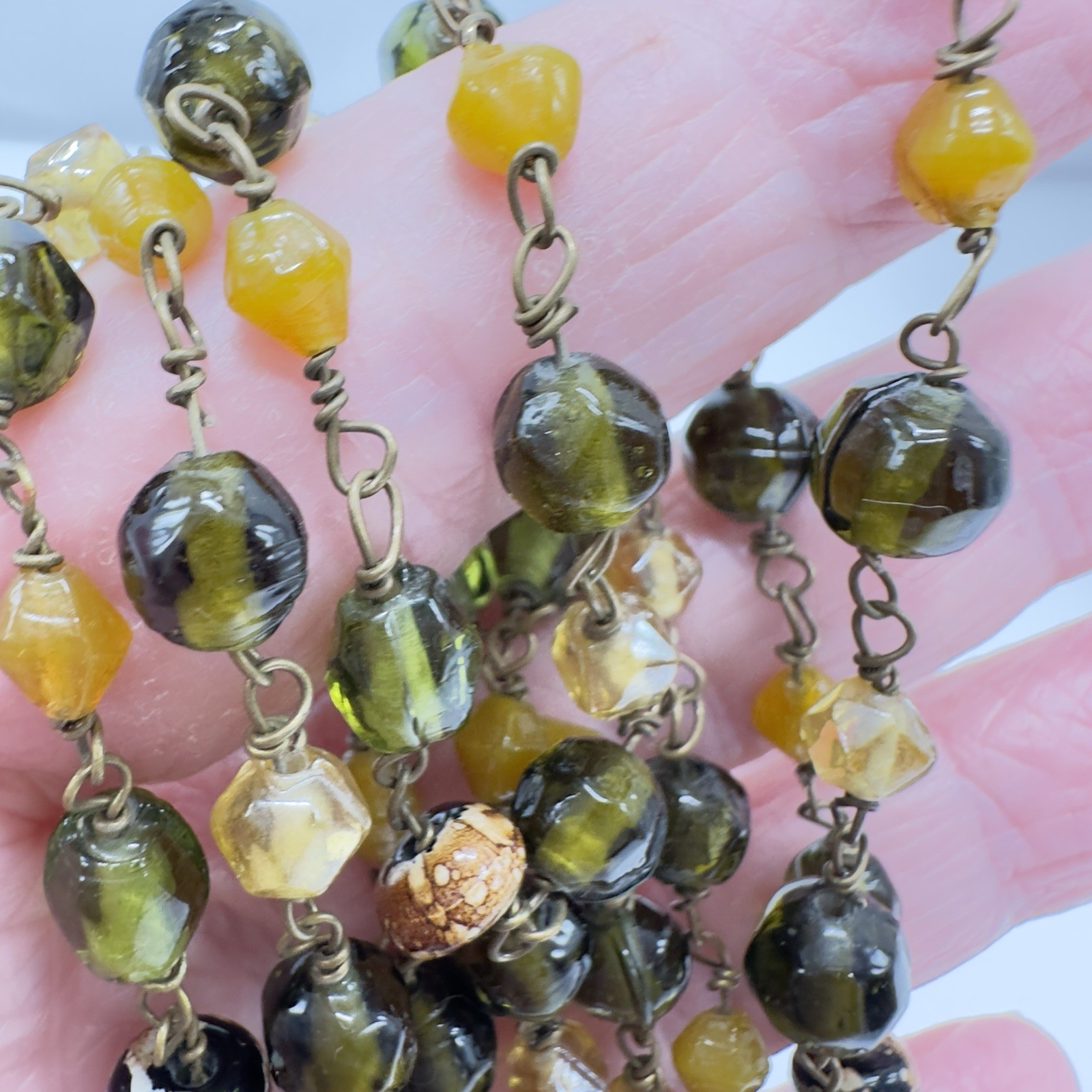 Vintage Art Glass Necklace Earth tones Multi-shape Molded Hand Wired 62″ Opera
