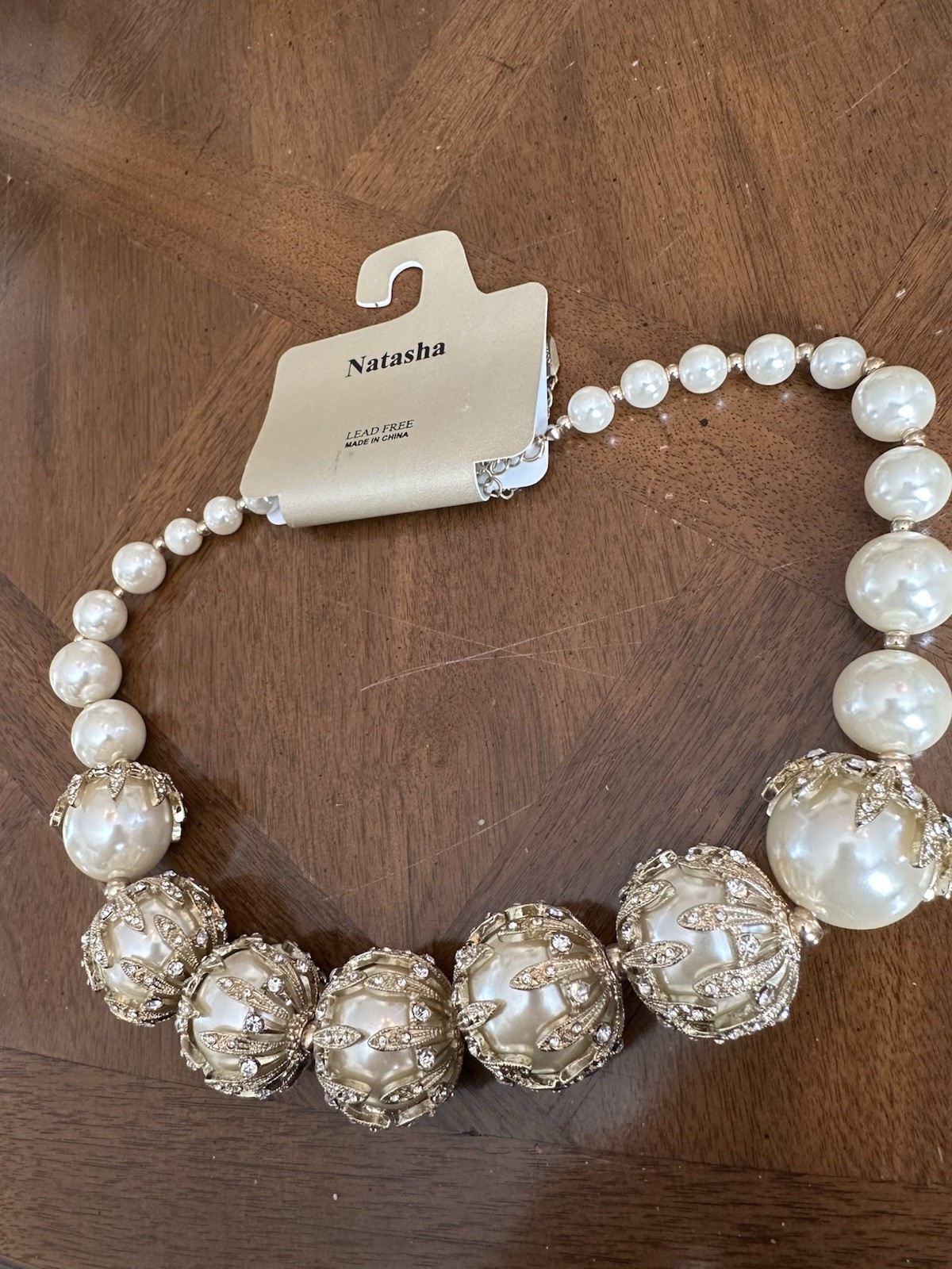 Vintage Natasha Off-White Faux Pearl Rhinestone Statement Necklace Signed New!