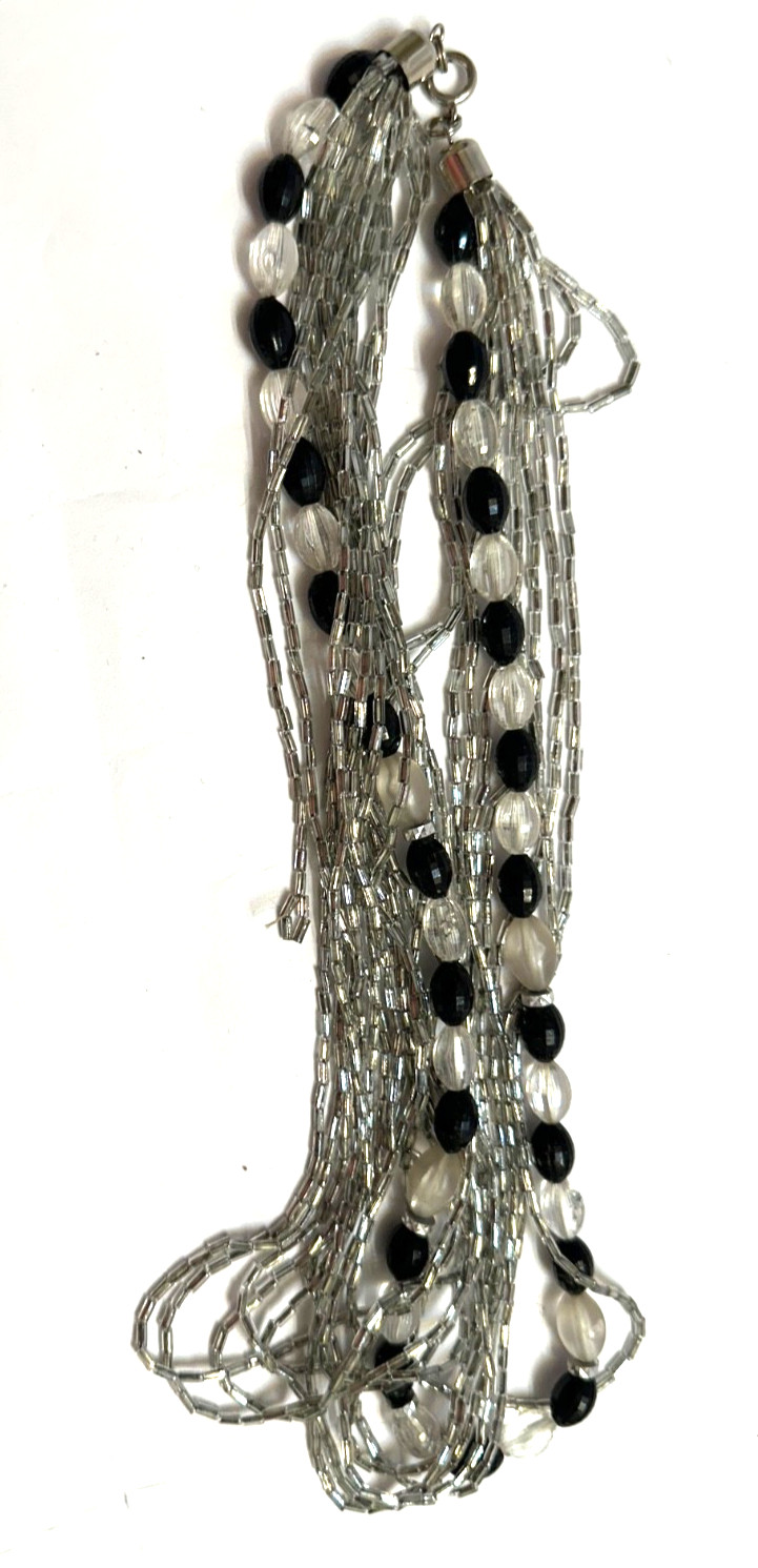 Vintage Black & Clear Beaded Necklace Multi Strand Silver Tone Seed Bugle Beads